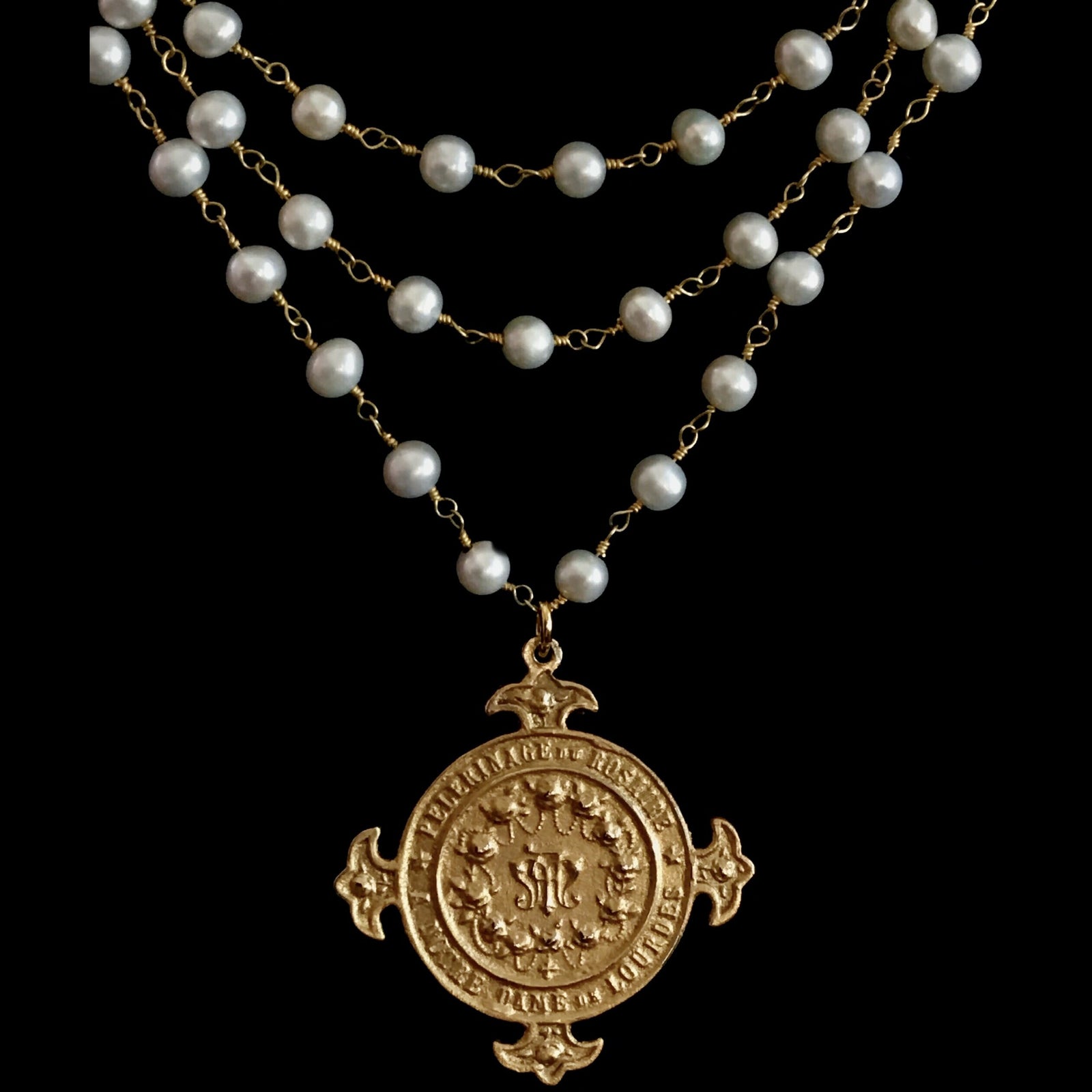 Notre Dame de Lourdes Trinity Necklace Freshwater Pearl & Gold by Whispering Goddess