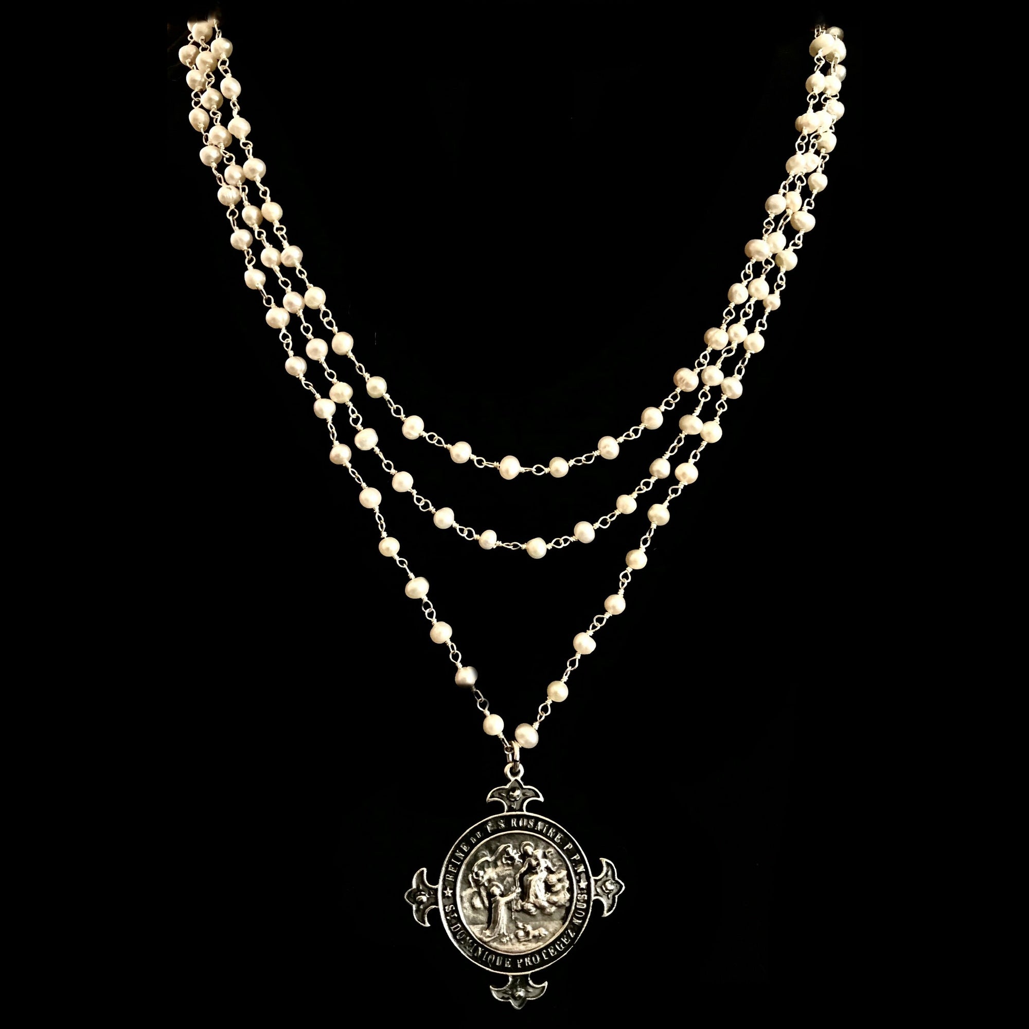 Lourdes Illumination Trinity Necklace Freshwater Pearl & Silver by Whispering Goddess
