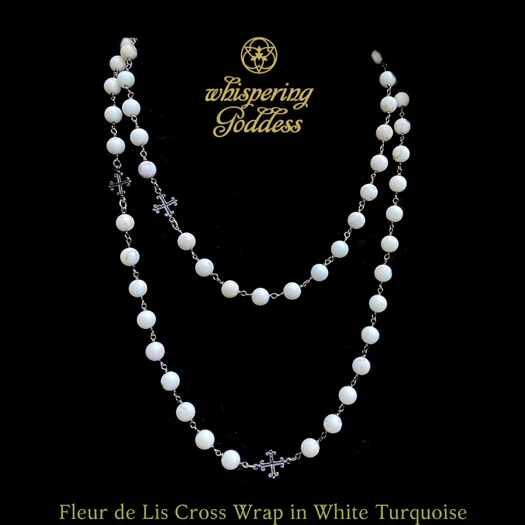 Fleur de Lis Cross Wrap White Turquoise & Silver Necklace / Bracelet