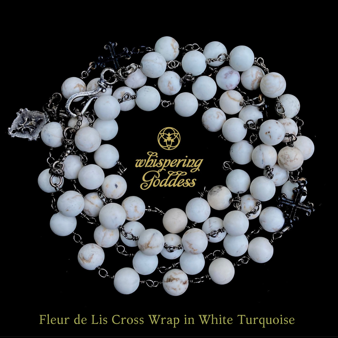 Fleur de Lis Cross Wrap White Turquoise & Silver Necklace / Bracelet