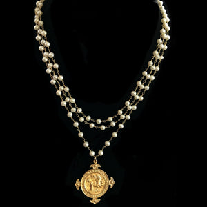 Notre Dame de Lourdes Trinity Necklace Freshwater Pearl & Gold by Whispering Goddess