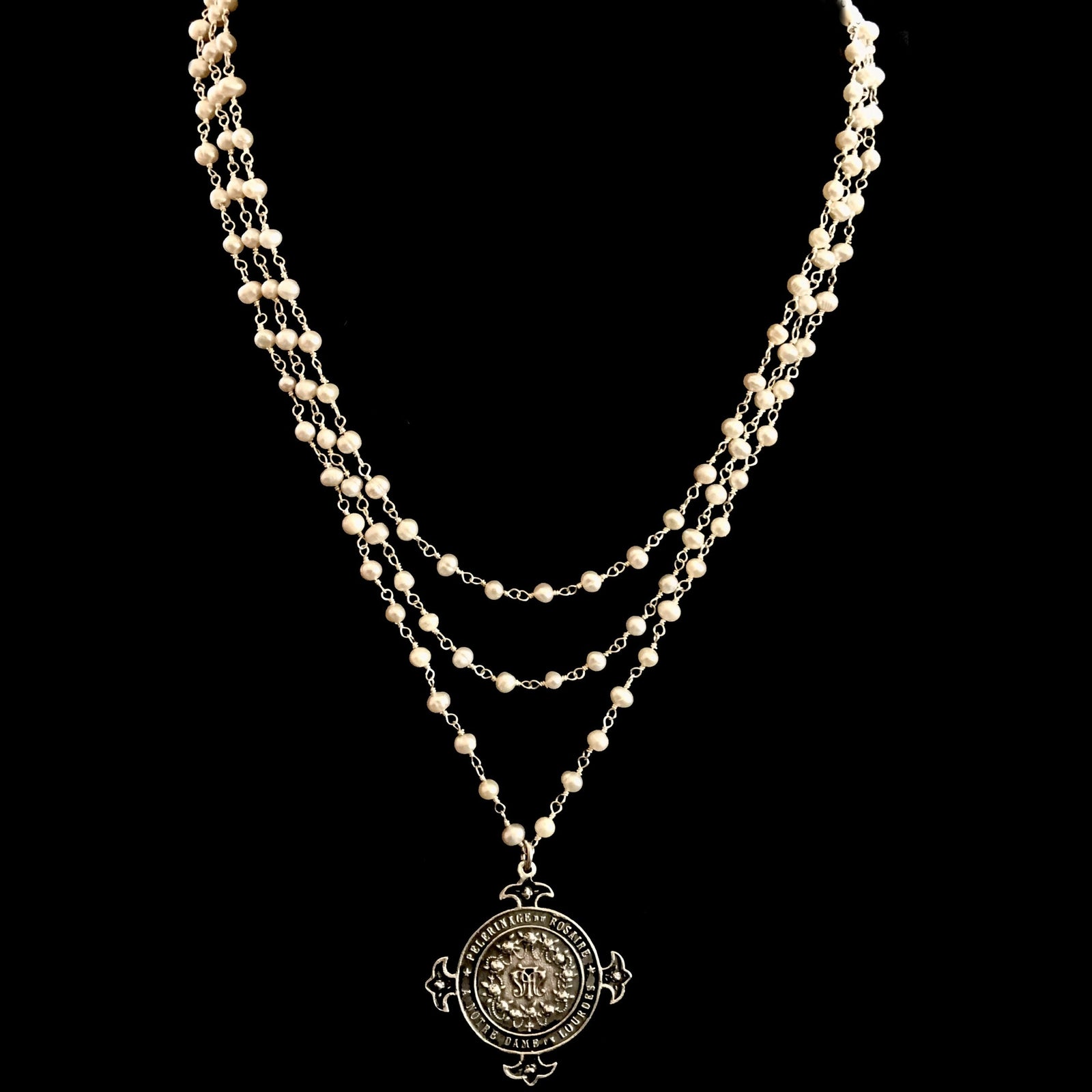 Lourdes Illumination Trinity Necklace Freshwater Pearl & Silver by Whispering Goddess