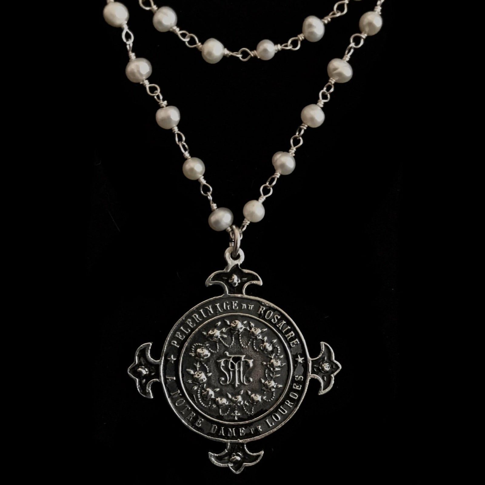 Lourdes Illumination Trinity Necklace Freshwater Pearl & Silver by Whispering Goddess