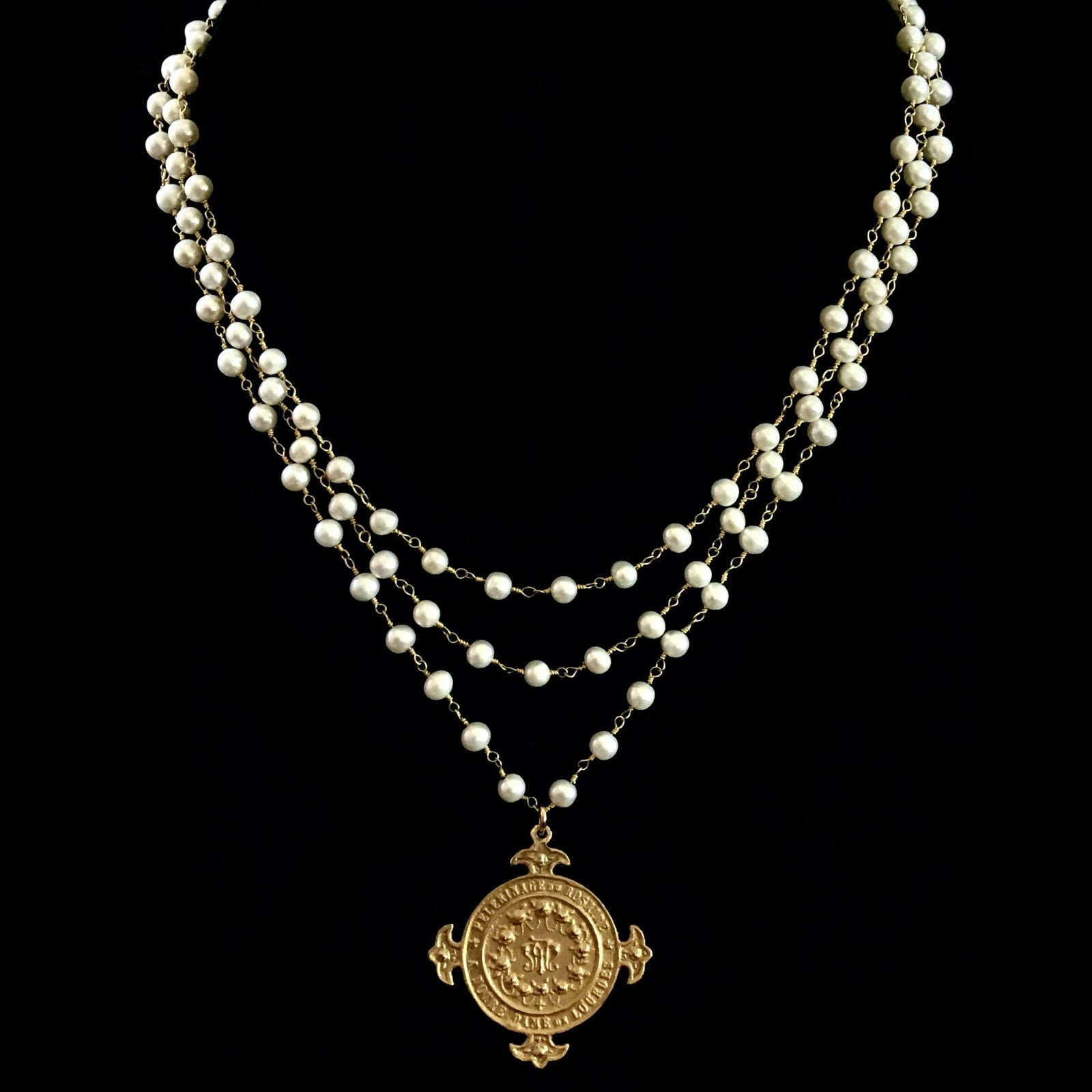 Notre Dame de Lourdes Trinity Necklace Freshwater Pearl & Gold by Whispering Goddess