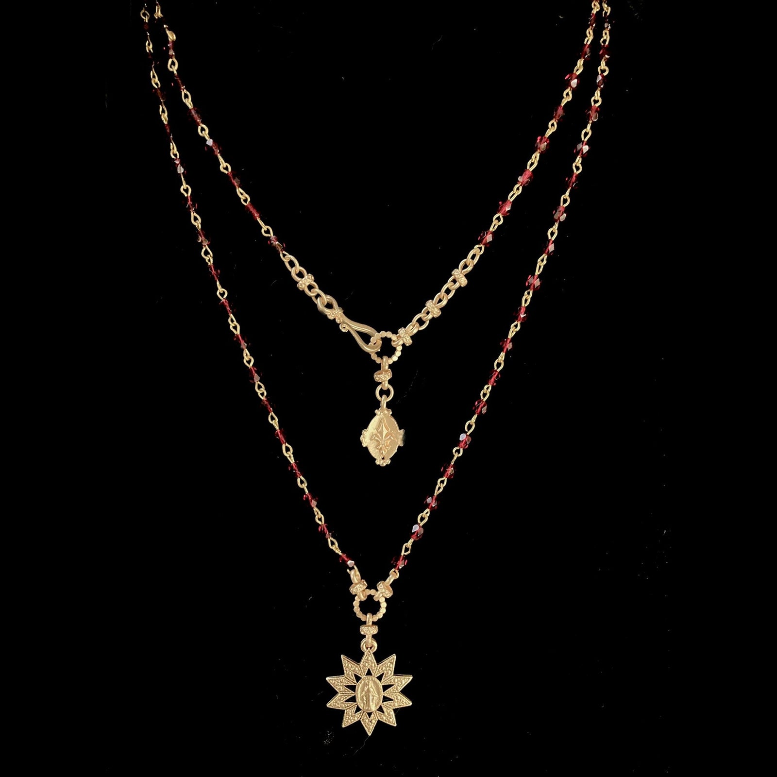 Forgotten Graces "Miraculous Rays" Medal in Garnet and Gold Necklace