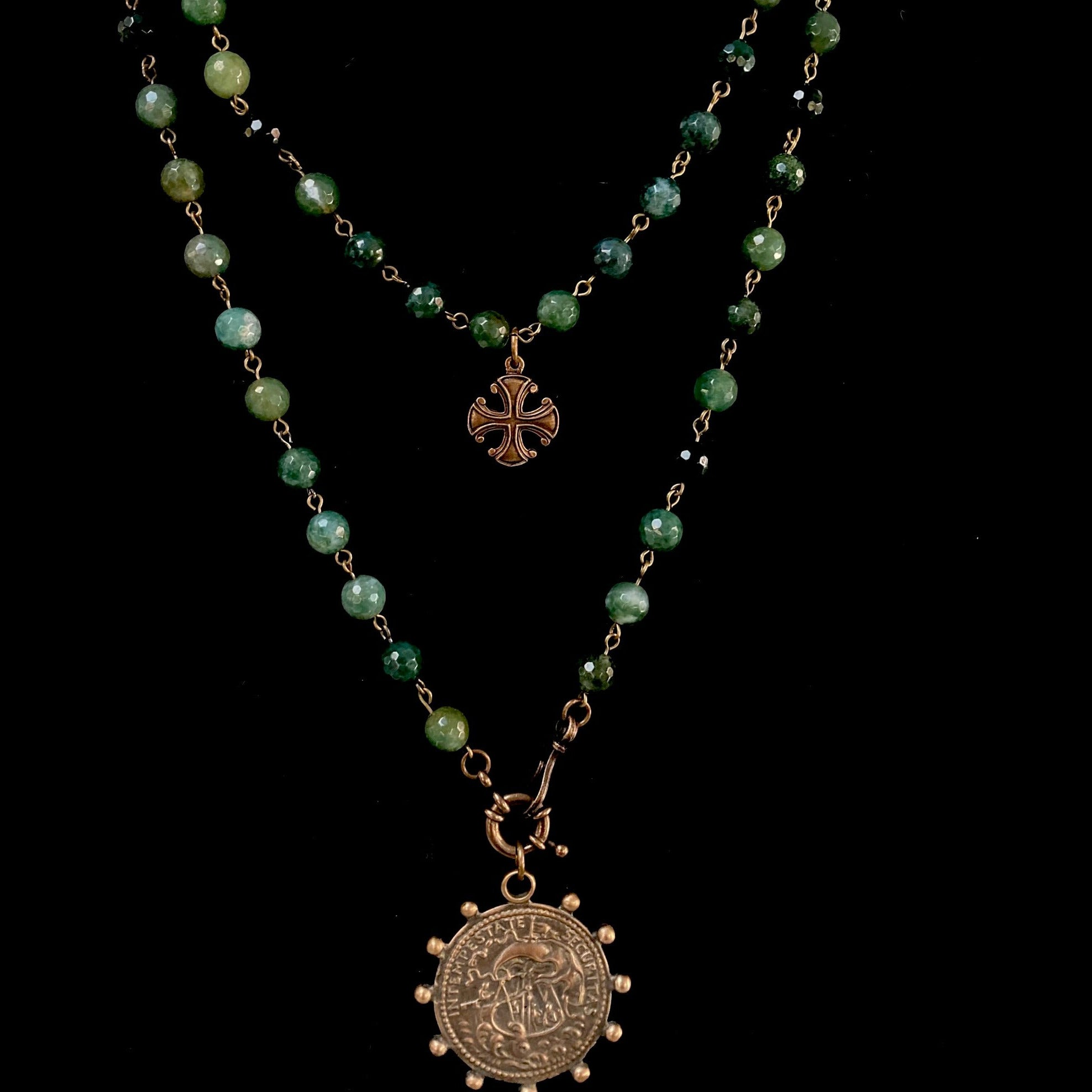 St. George the Patron Saint of Equestrians Necklace/Wrap Bracelet in Mystical Moss Agate