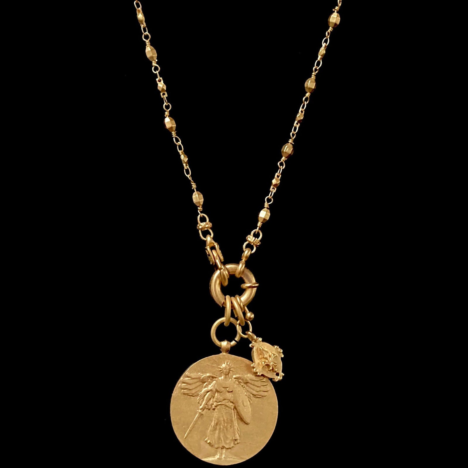 Saint Michael with Tiny Fleur de Lis Bead  Chain Necklace  Gold