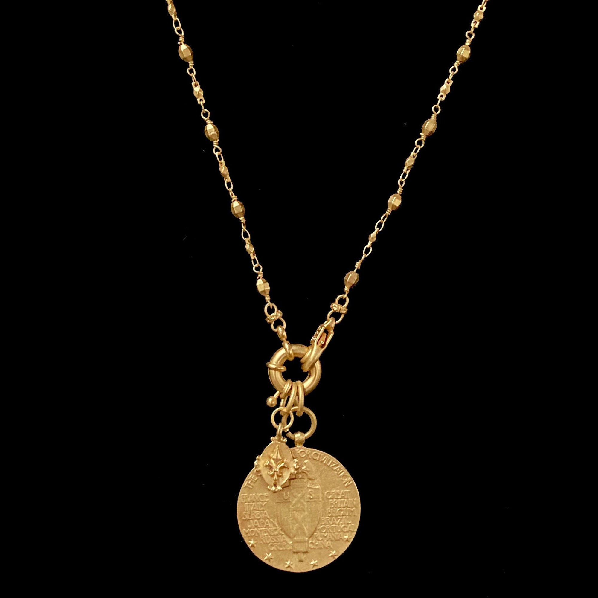 Saint Michael with Tiny Fleur de Lis Bead  Chain Necklace  Gold