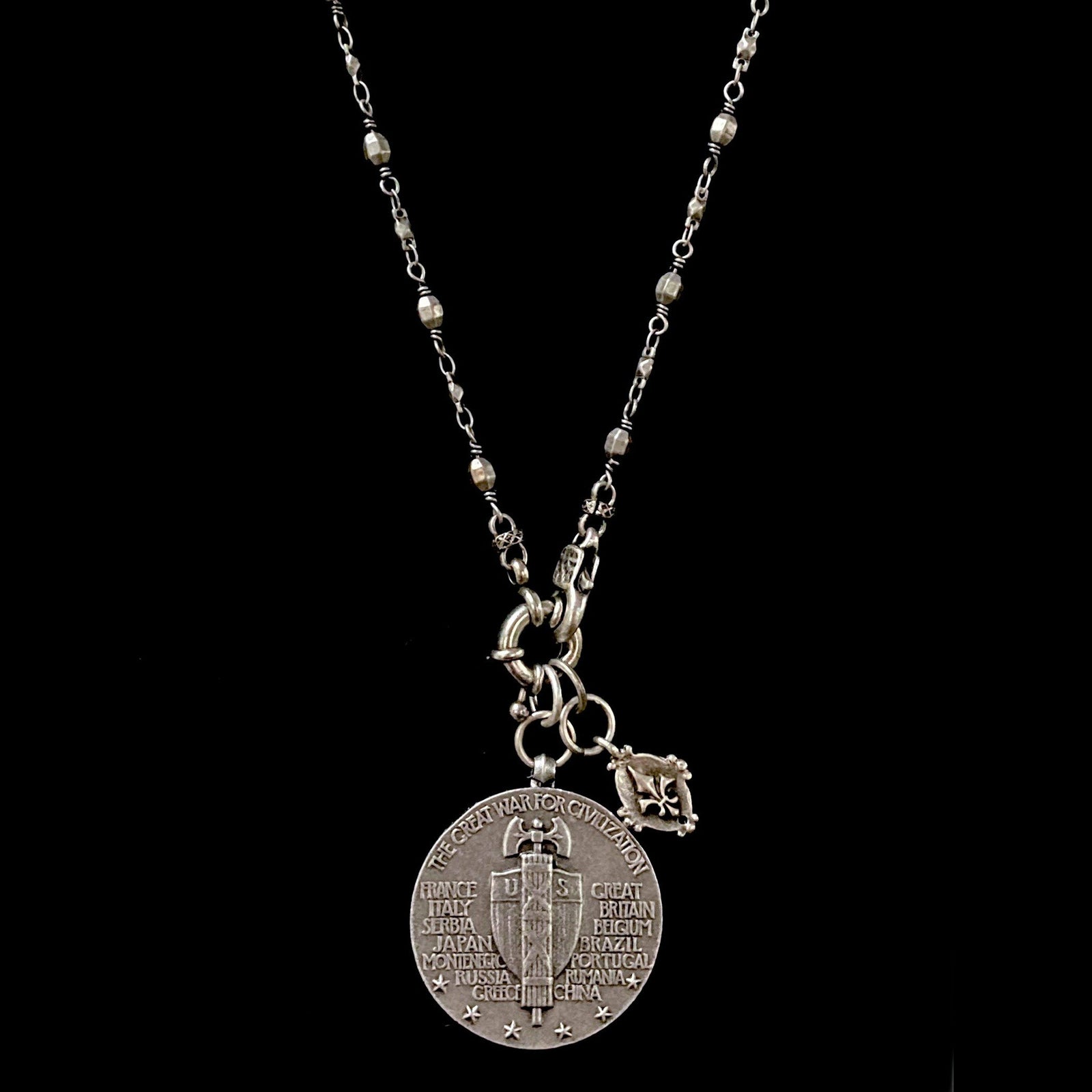 Saint Michael with Tiny Fleur de Lis   Bead  Chain Necklace  Silver
