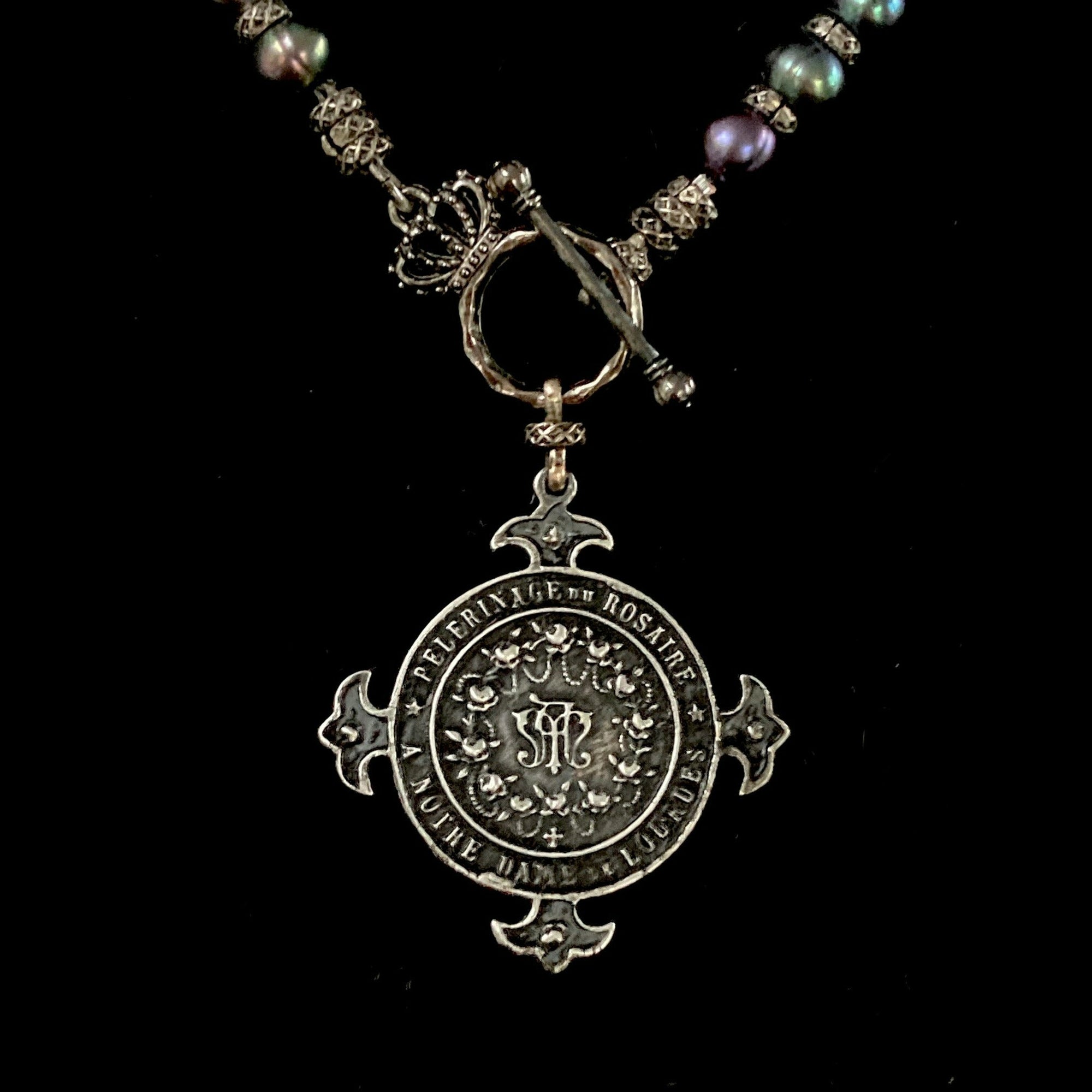 Essential Lourdes Illumination Medal  in Peacock Pearls Necklace by Whispering Goddess