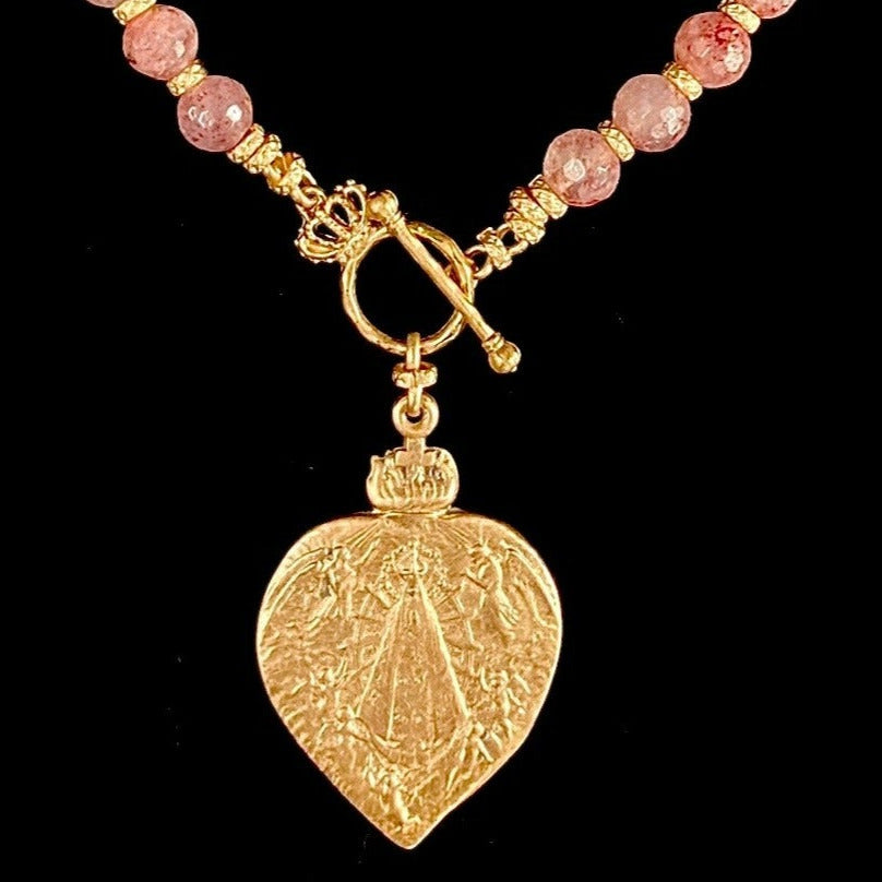 Sacred Heart Lujan Necklace in Raspberry Quartz & 22KT Matte Gold  by Whispering Goddess
