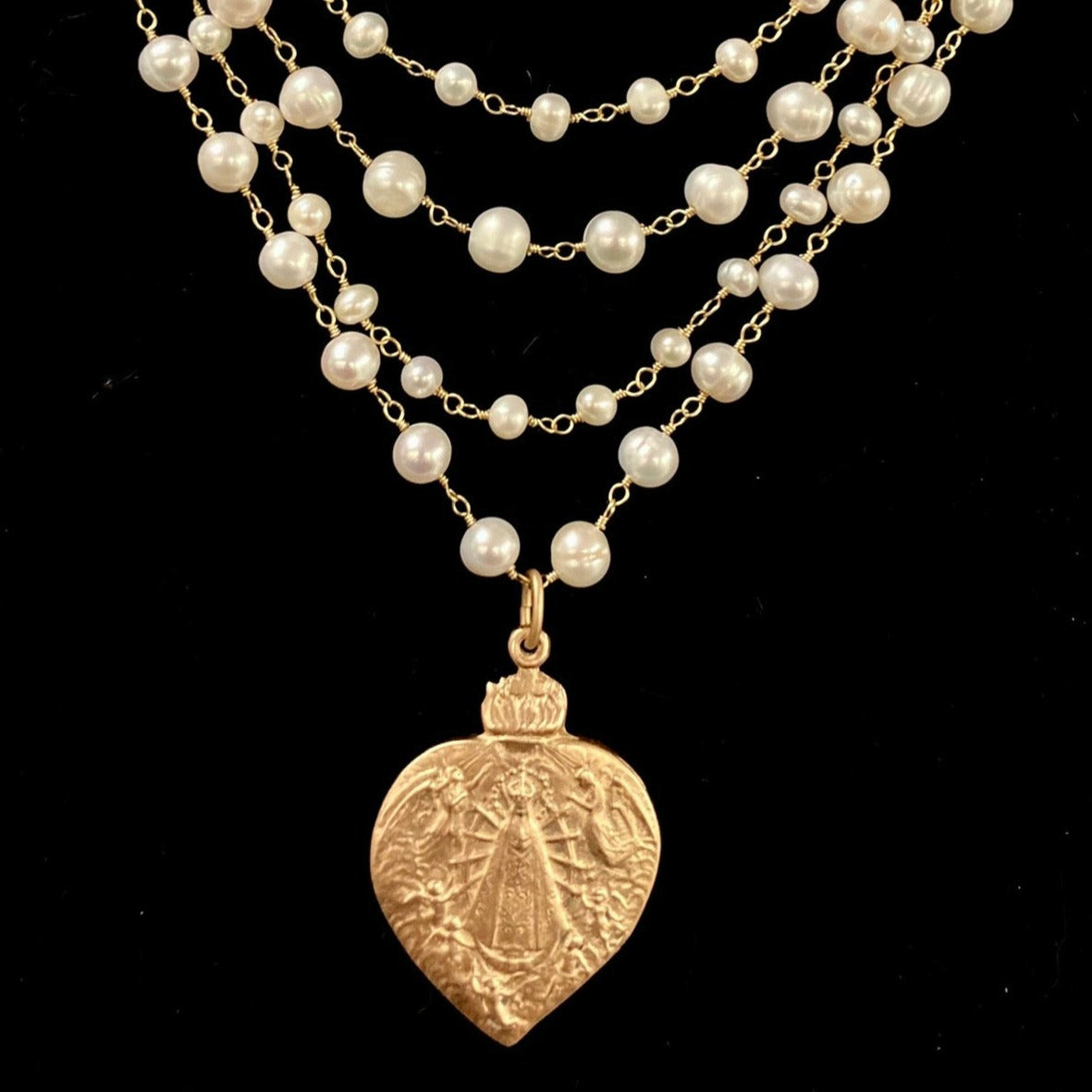 Sophia Freshwater Pearl Our Lady of Lujan Necklace in Gold by Whispering Goddess