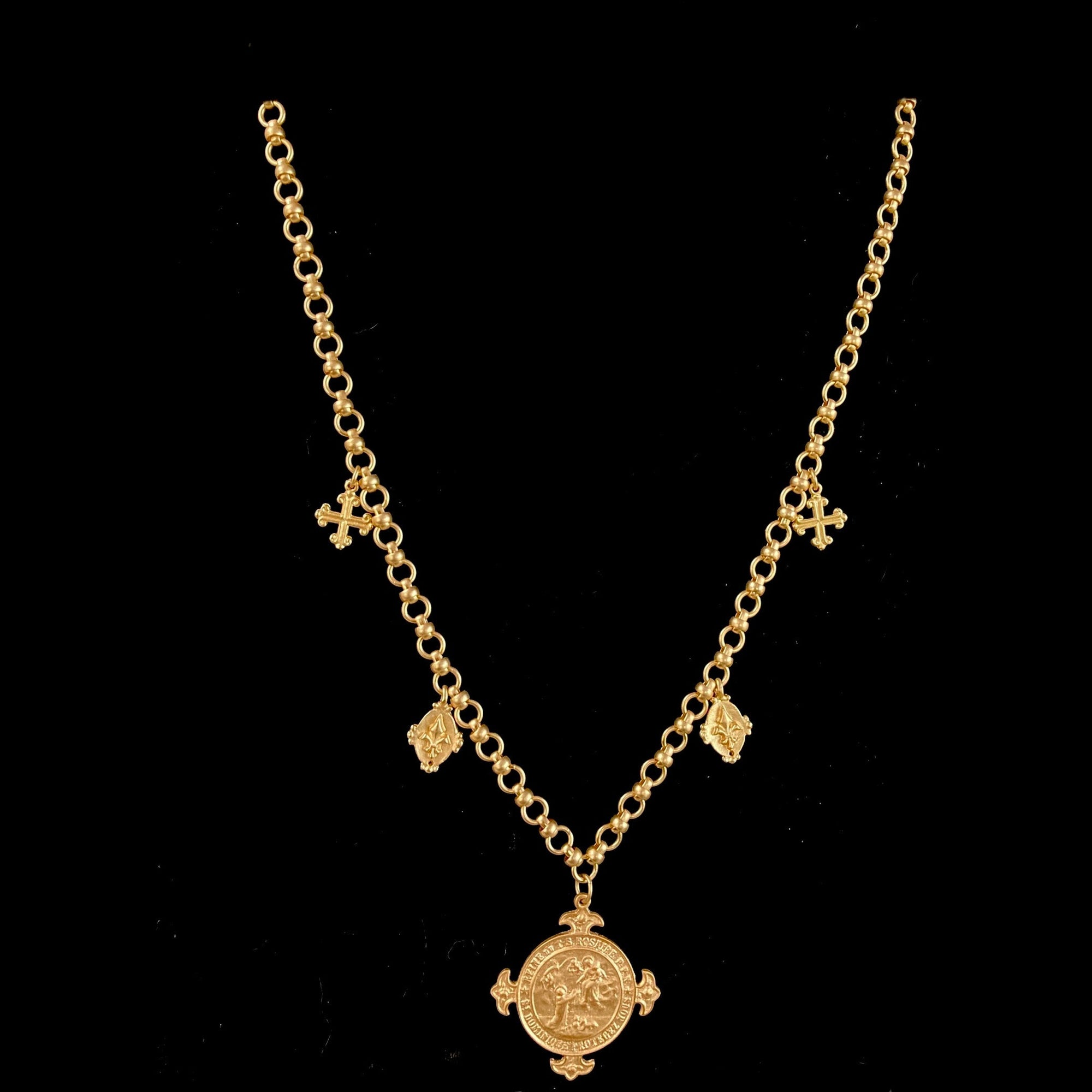 Lourdes Illumination with Fleur de Lis Link Necklace - Gold