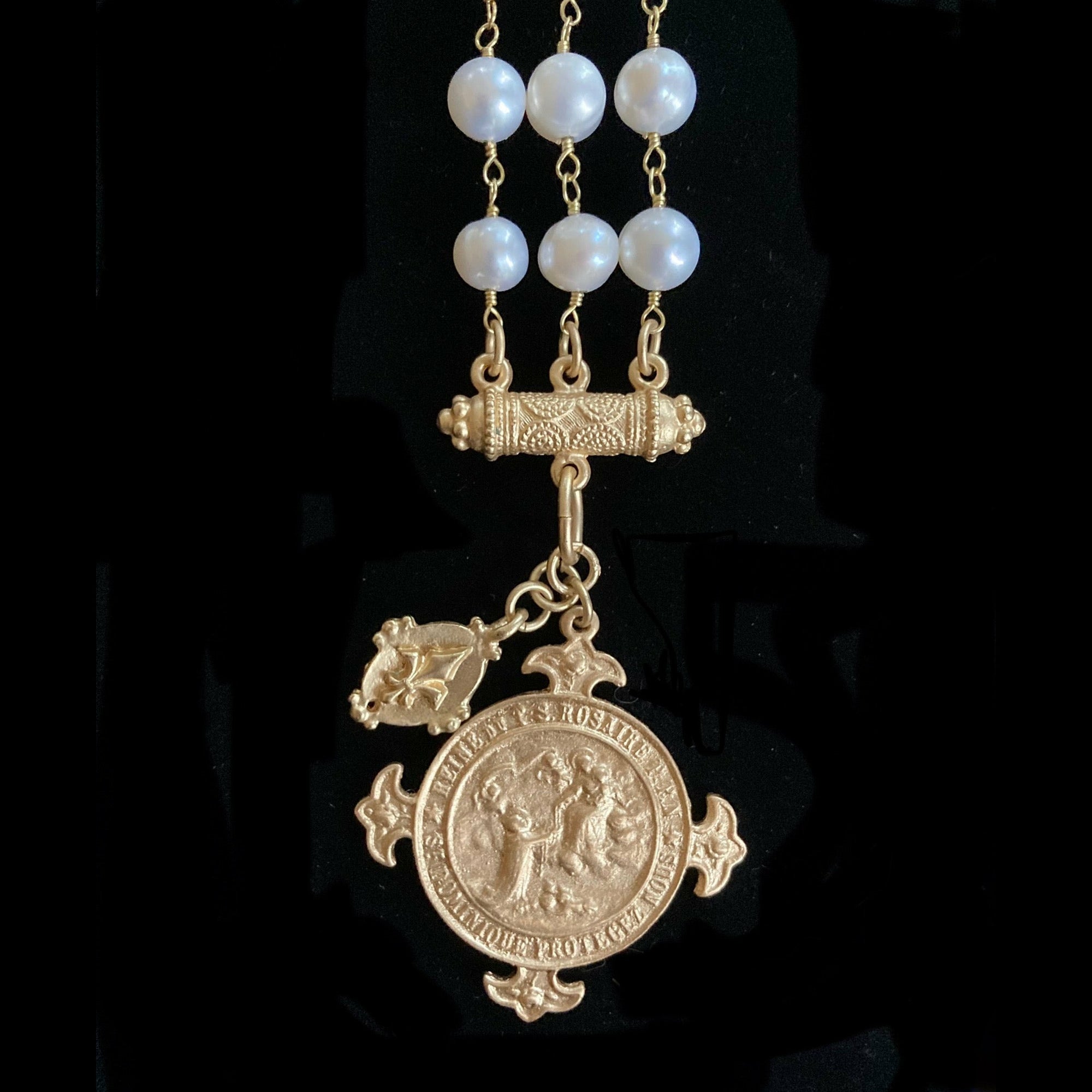 Lourdes Illumination Medal  Triple Freshwater Pearl Bracelet - Gold