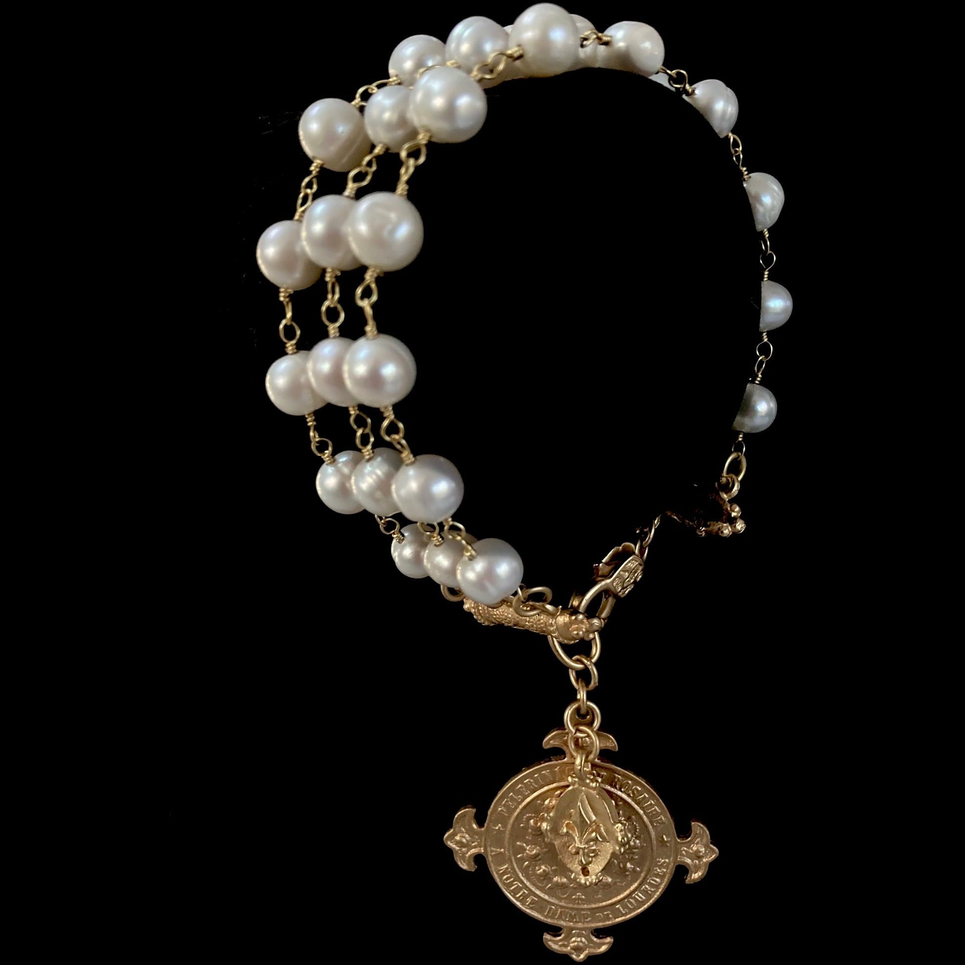 Lourdes Illumination Medal  Triple Freshwater Pearl Bracelet - Gold