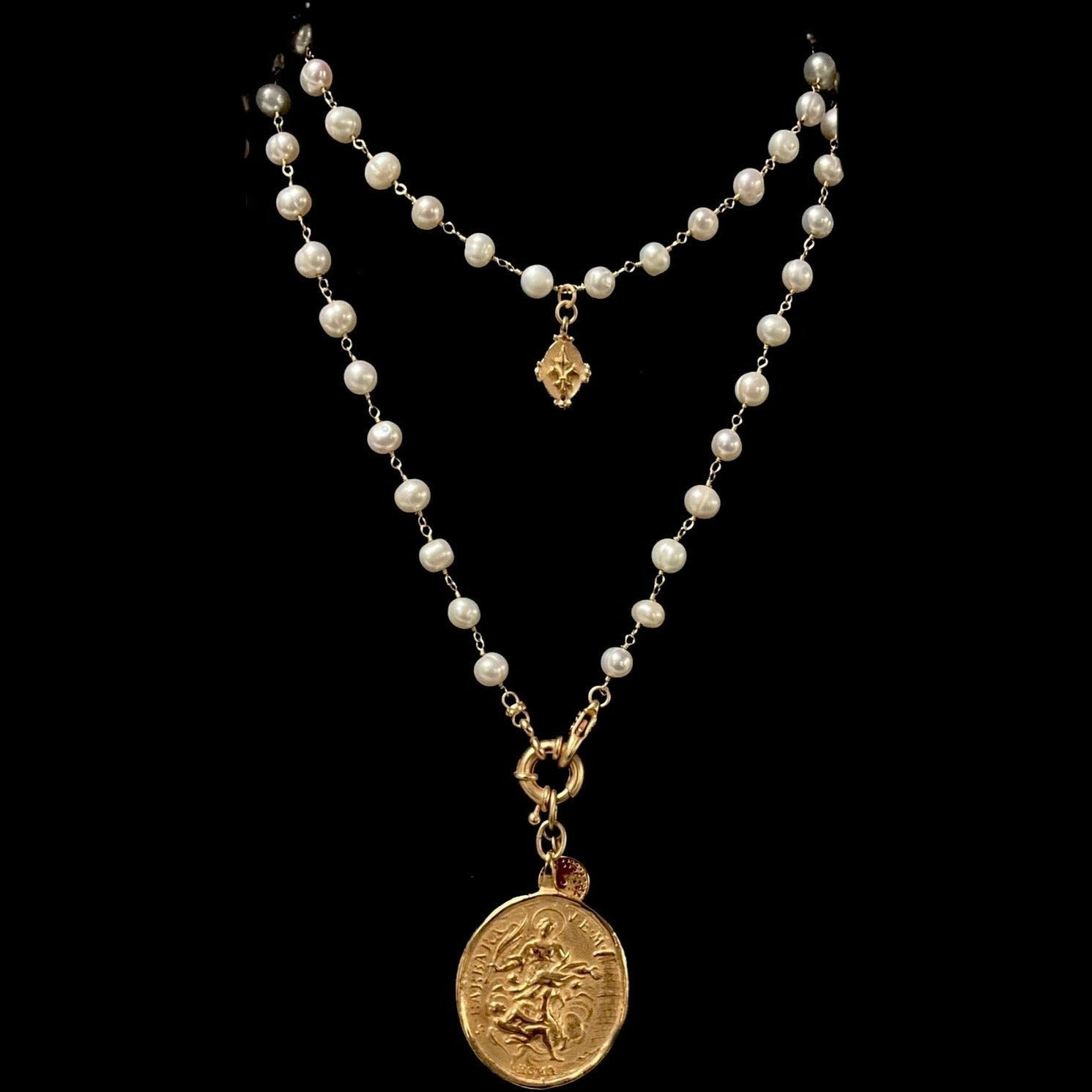 True North Madonna and Saint Barbara Freshwater Pearl Necklace - Gold