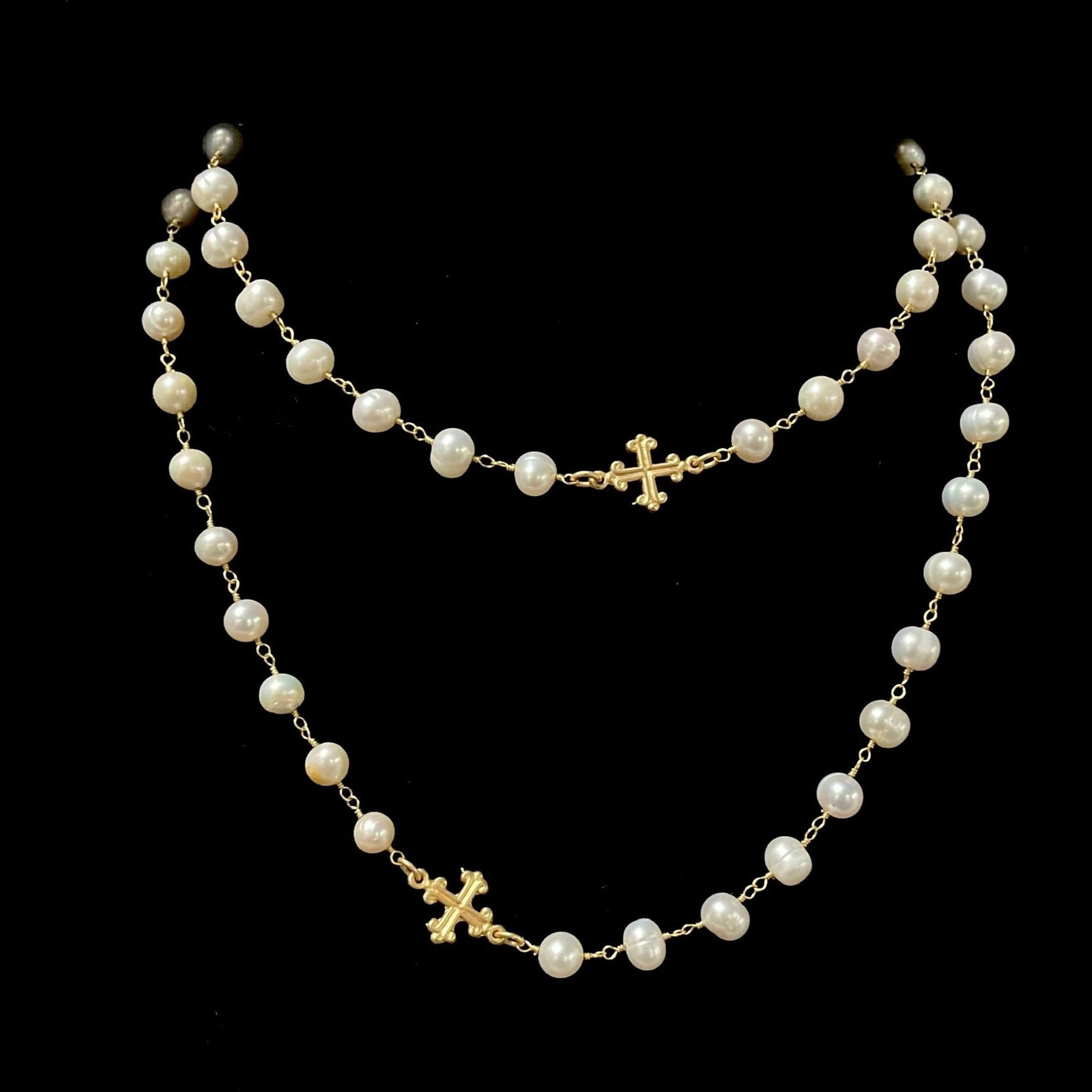 Fleur de Lis Cross Wrap Freshwater Pearl in Gold  Necklace / Bracelet