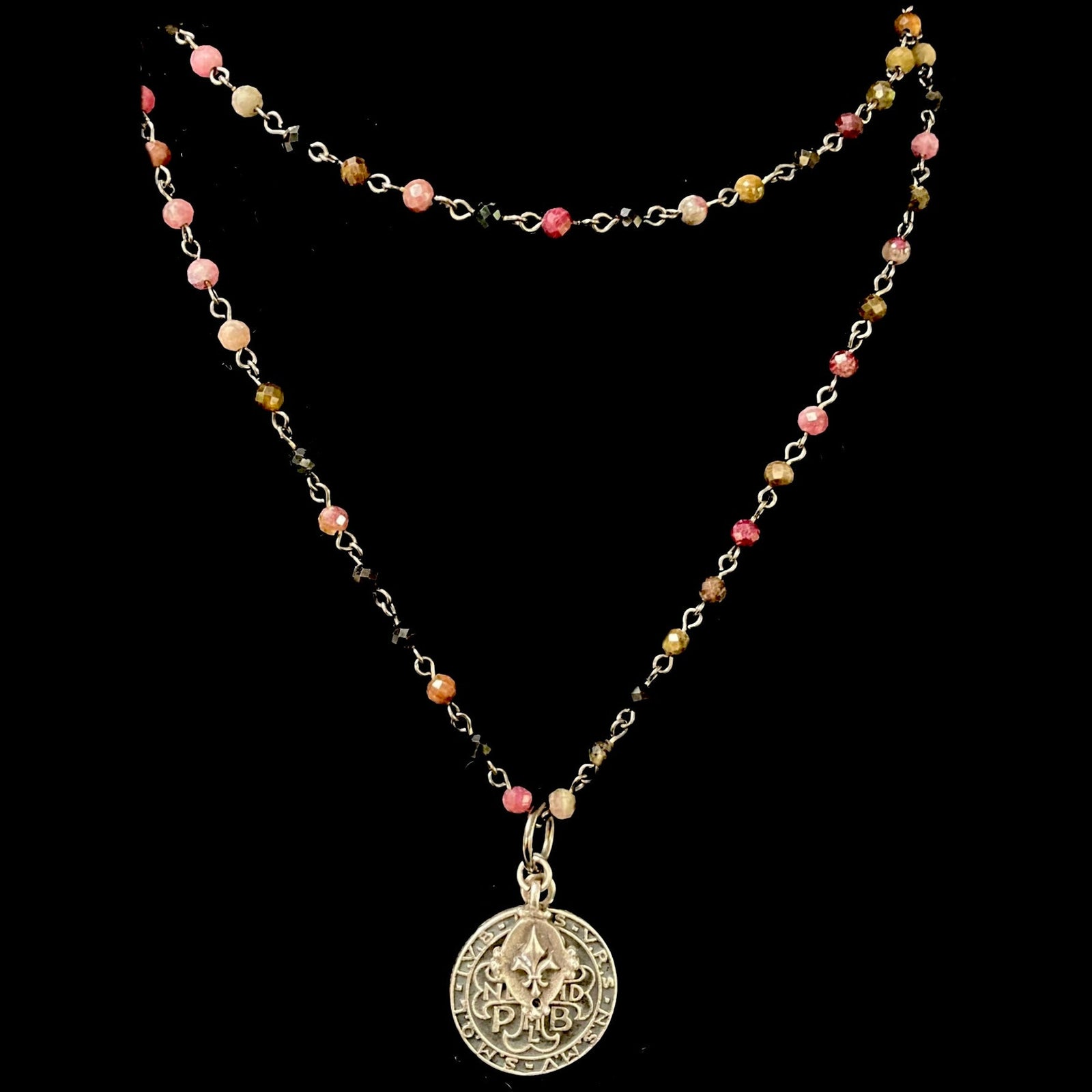 San Benito with Tiny Fleur de Lis on a Watermelon Tourmaline Strand - Silver