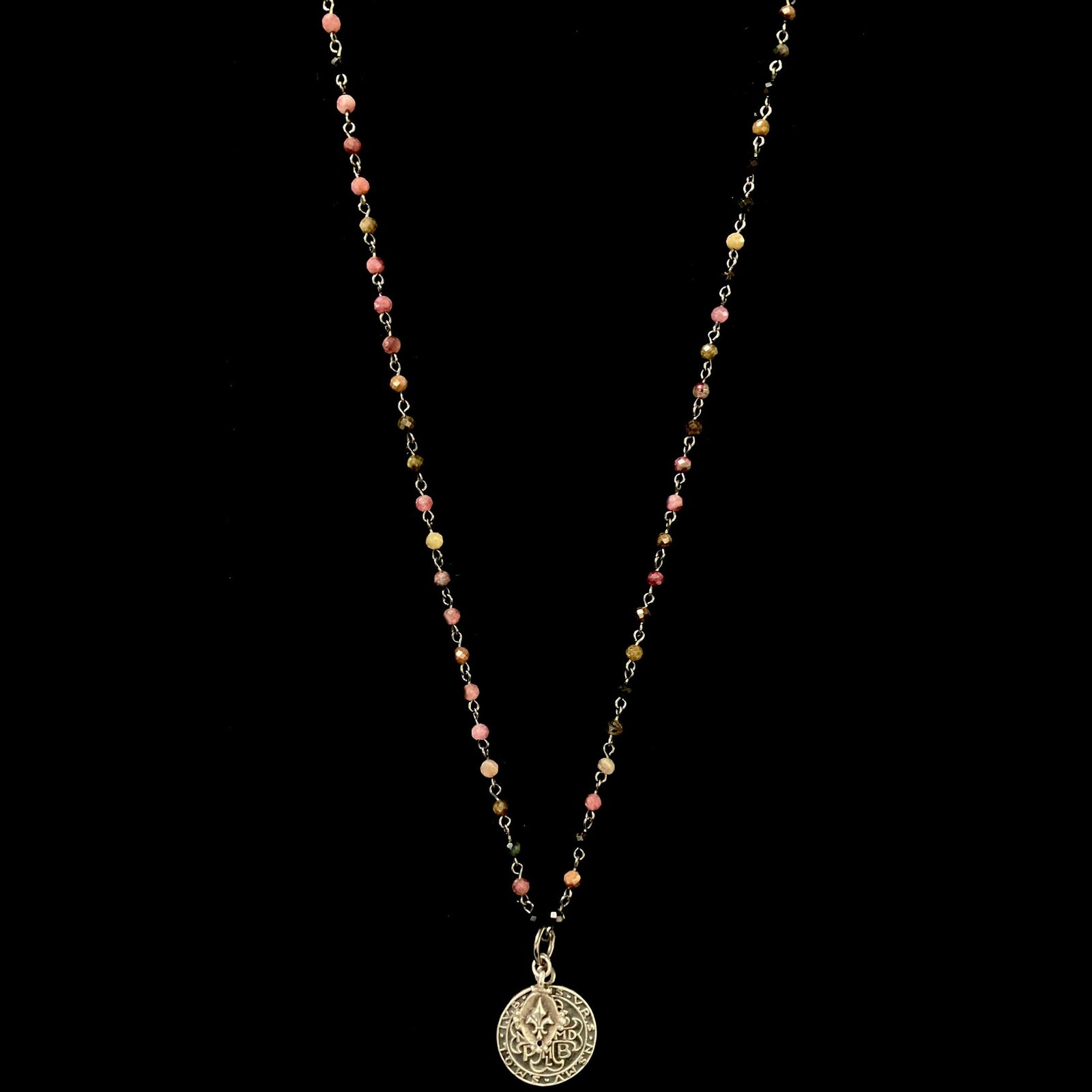 San Benito with Tiny Fleur de Lis on a Watermelon Tourmaline Strand - Silver