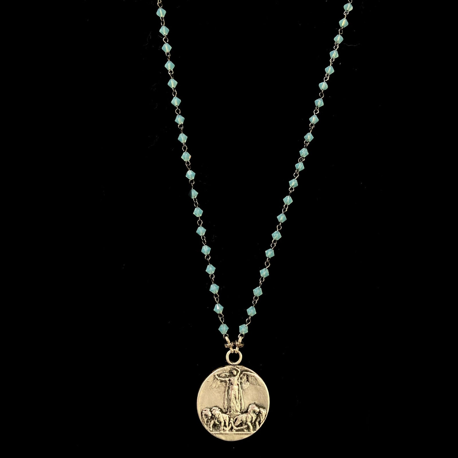 Peace Angel Victoria & Lions Bohemian Aqua Necklace - Silver