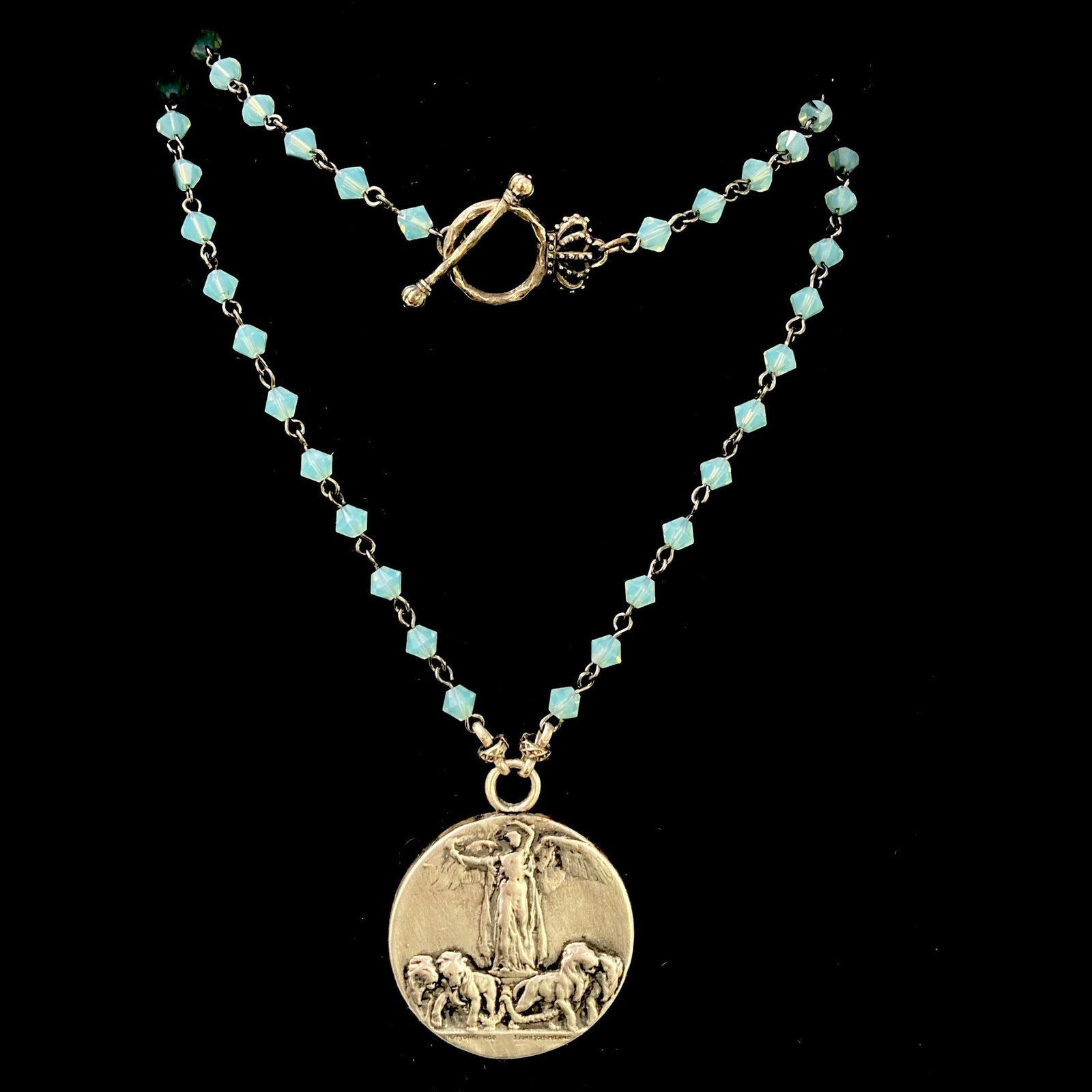 Peace Angel Victoria & Lions Bohemian Aqua Necklace - Silver