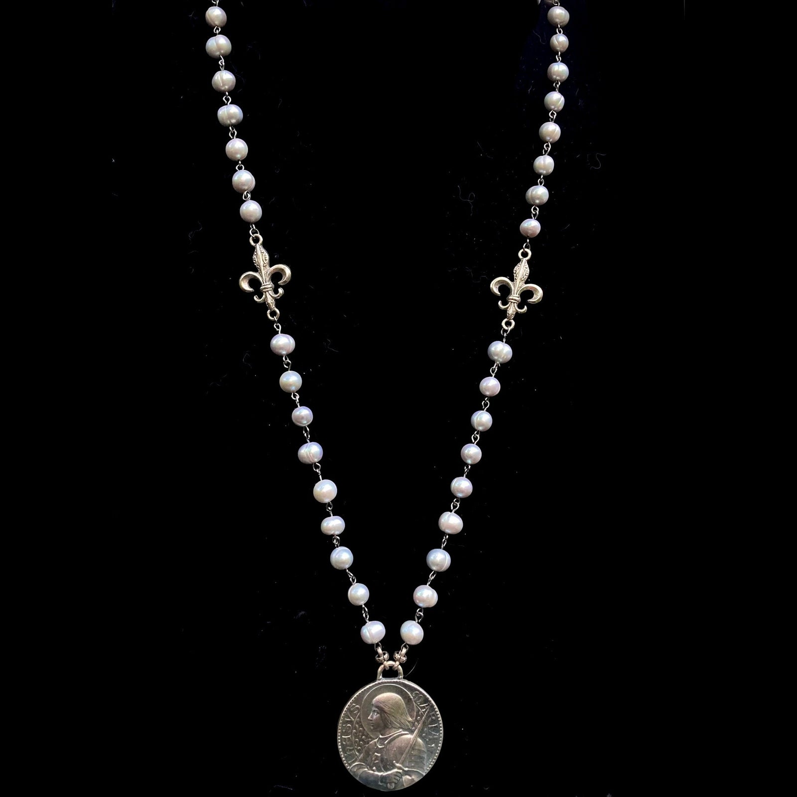 Moonglow Saint Joan of Arc Bravery Silver Freshwater Pearl with Fleur de Lis Necklace
