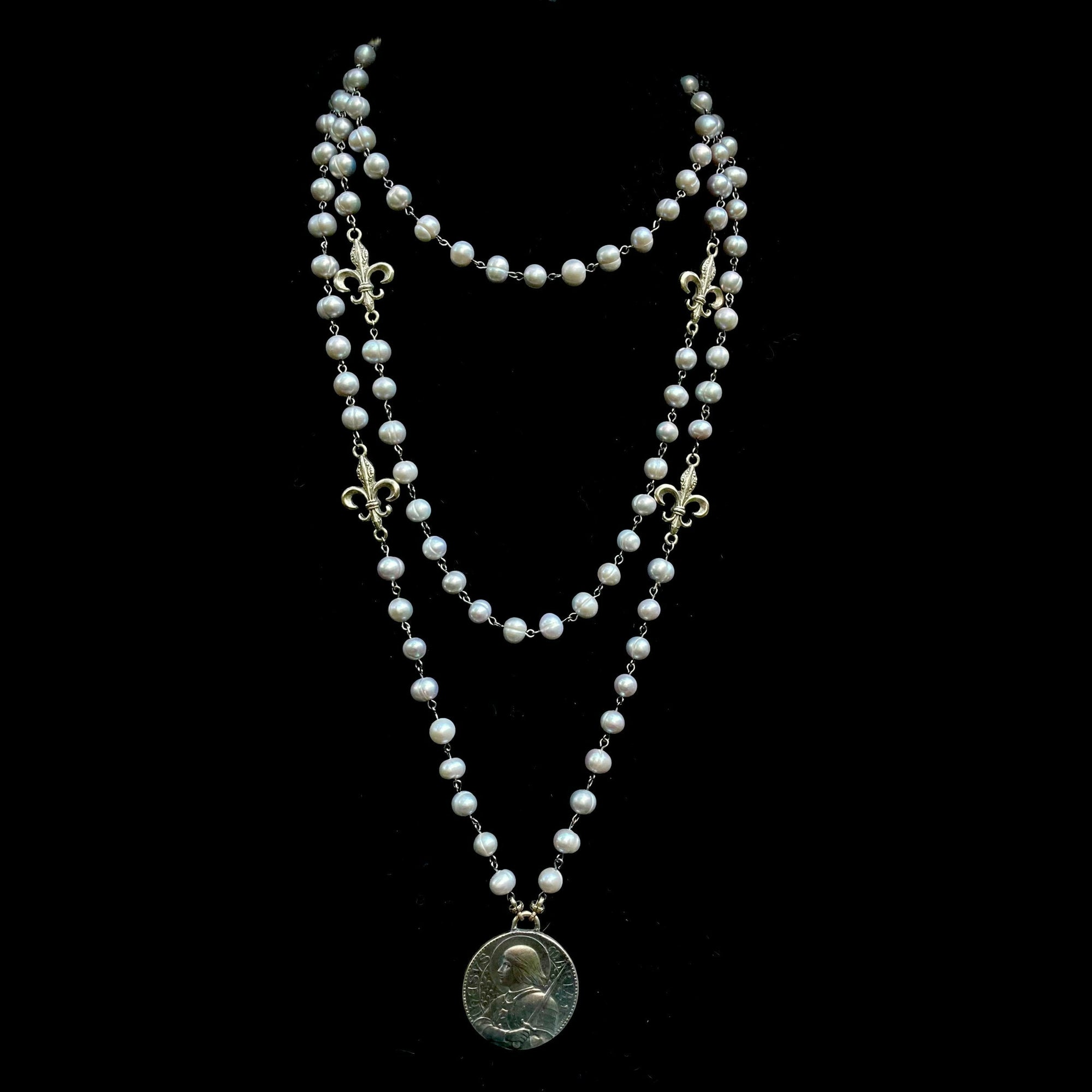Moonglow Fleur de Lis Wrap Silver Freshwater Pearl Necklace / Wrap Bracelet  by Whispering Goddess