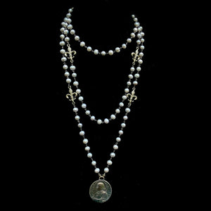 Moonglow Saint Joan of Arc Bravery Silver Freshwater Pearl with Fleur de Lis Necklace  - Sterling Silver