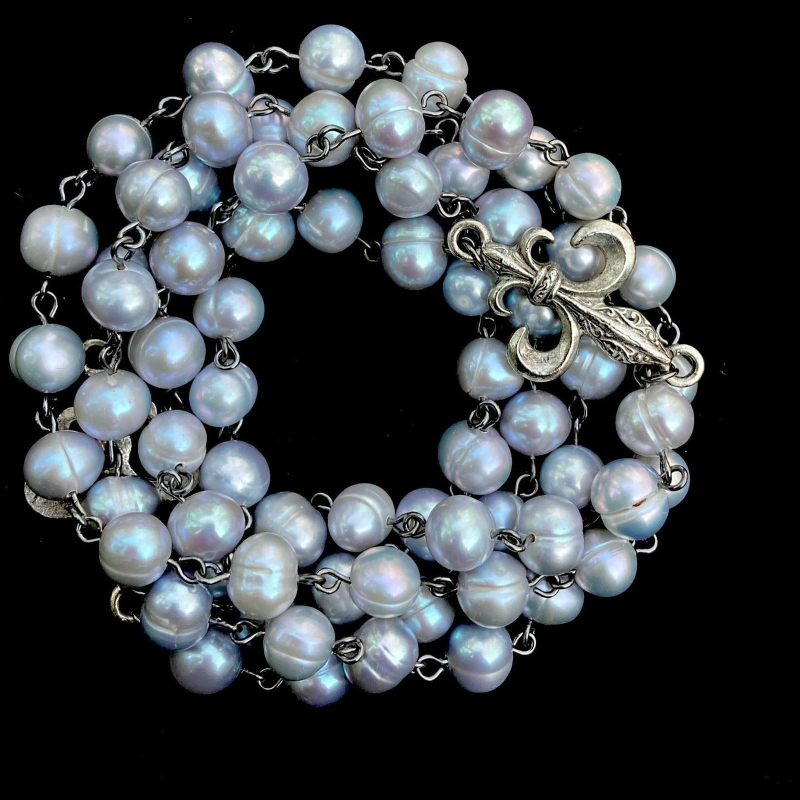 Moonglow Fleur de Lis Wrap Silver Freshwater Pearl Necklace / Wrap Bracelet  by Whispering Goddess