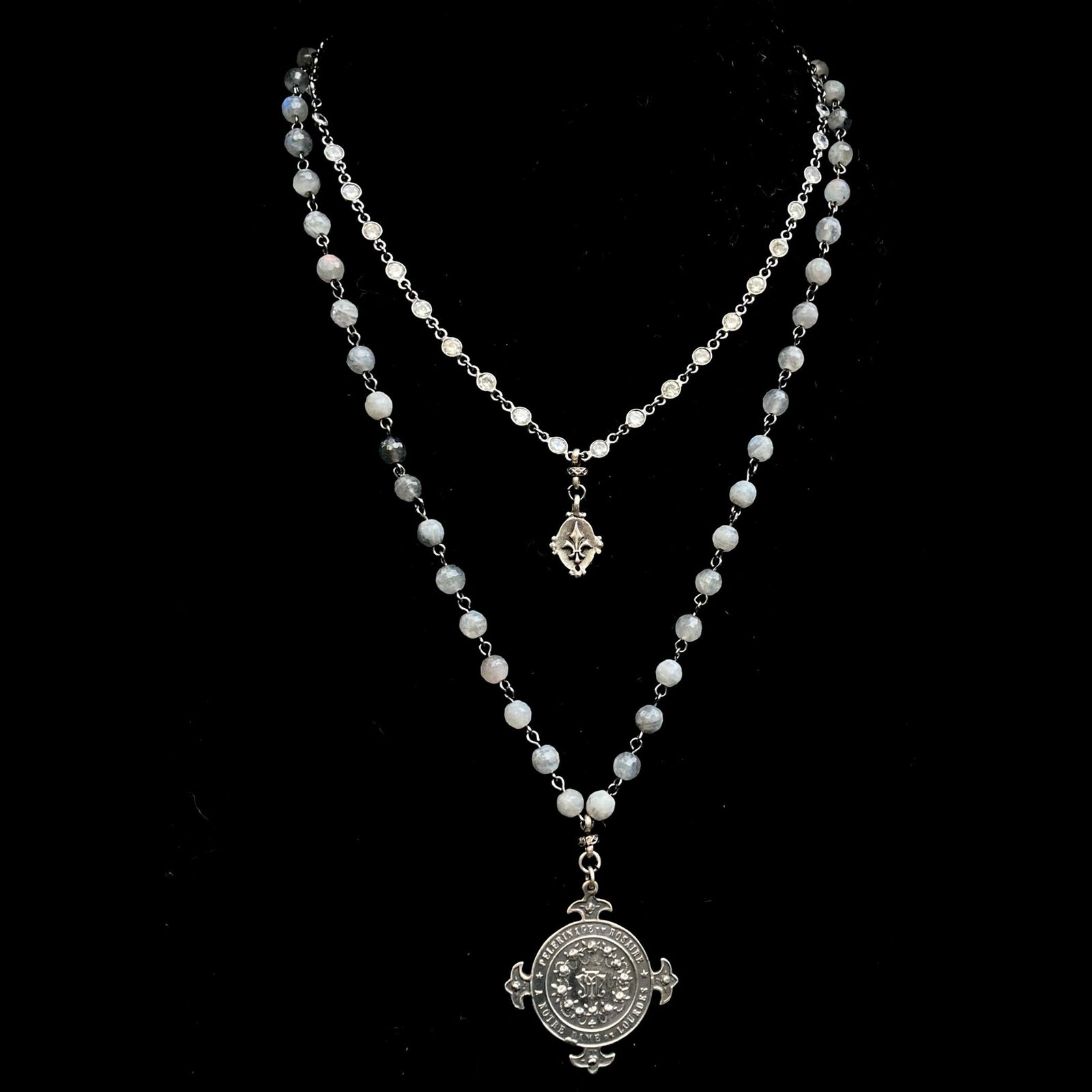 Moonglow Lourdes Illumination Necklace with Fleur de Lis by Whispering Goddess