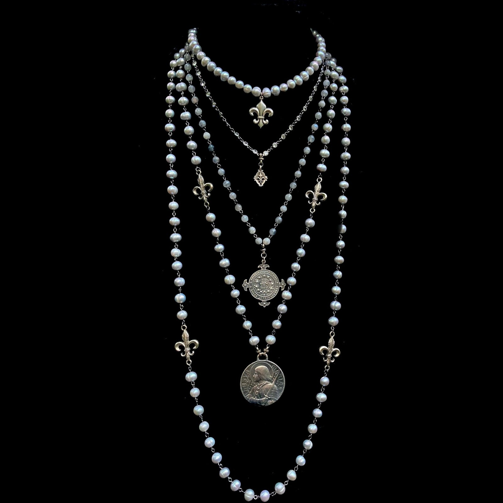 Moonglow Saint Joan of Arc Bravery Silver Freshwater Pearl with Fleur de Lis Necklace
