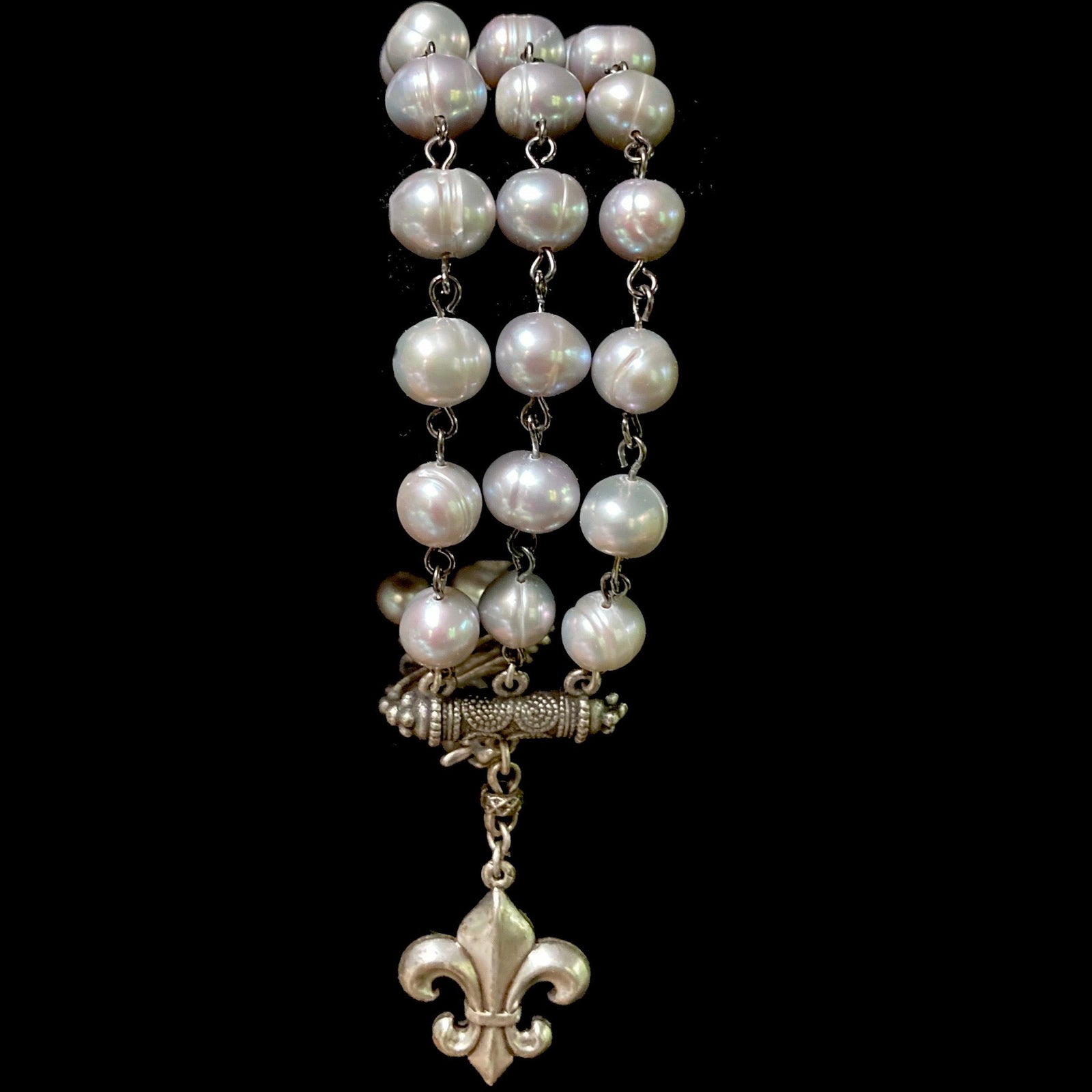 Moonglow Fleur de Lis  Triple Silver Freshwater Pearl Bracelet - Silver