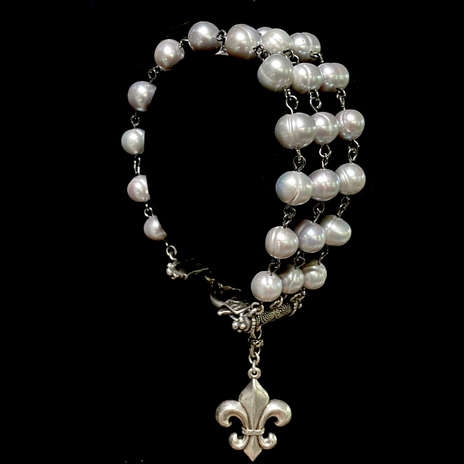 Moonglow Fleur de Lis  Triple Silver Freshwater Pearl Bracelet - Silver