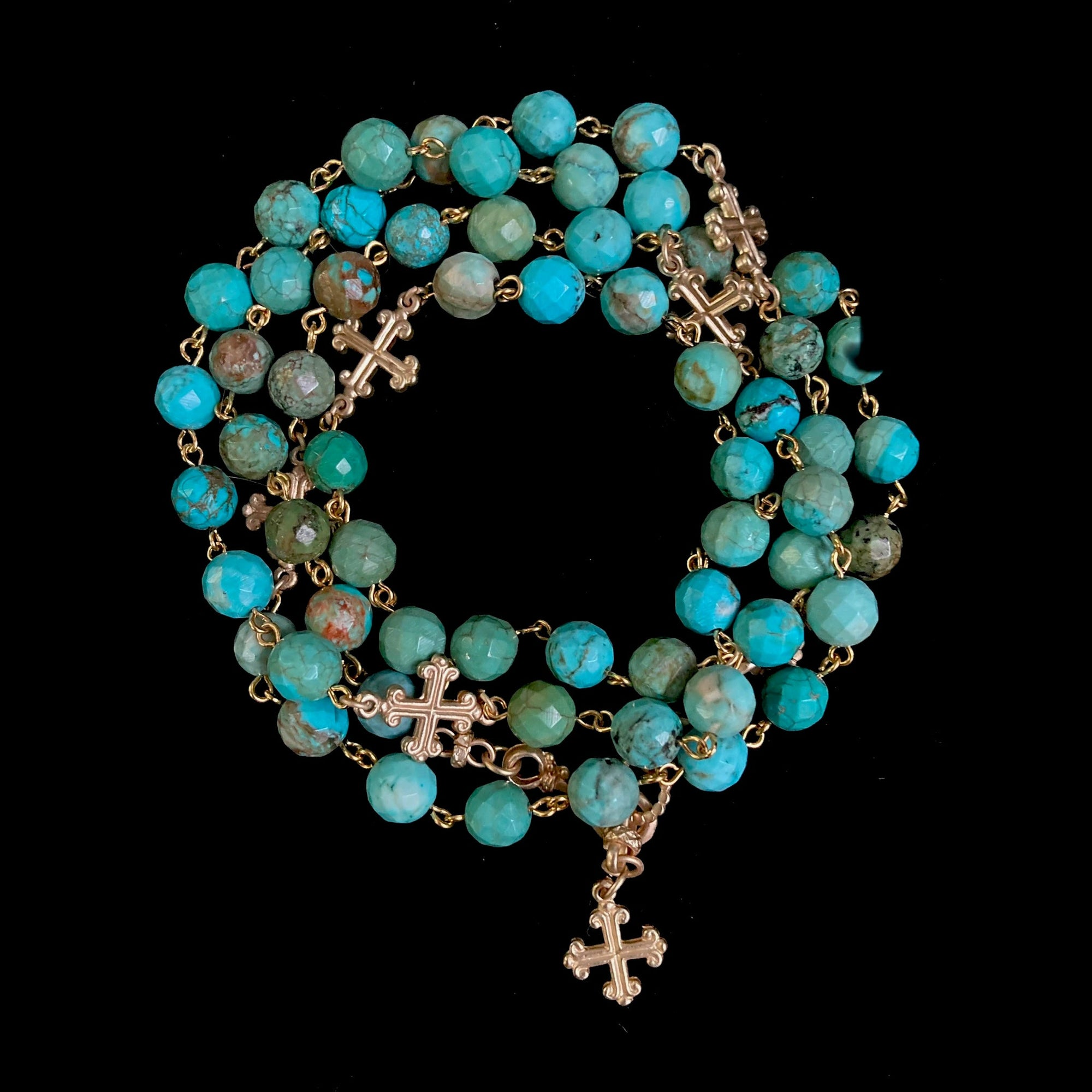 Fleur de Lis Cross Wrap Turquoise & Gold Necklace / Bracelet