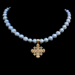 Golden Moonglow  Pilgrim's Cross  Freshwater Pearls  Choker Necklace - Gold