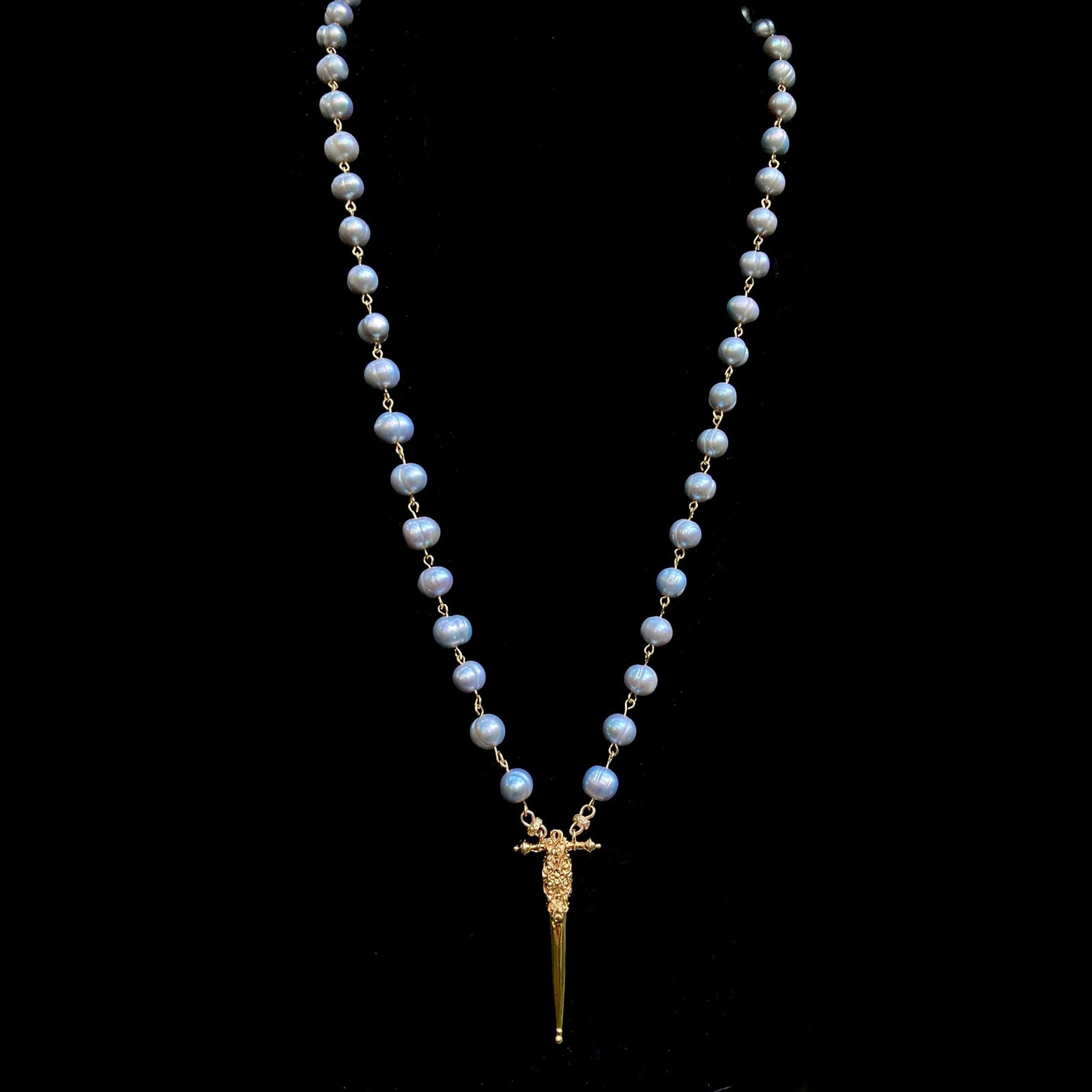 Golden Moonglow Fierbois Sword in Silver Freshwater Pearls & Gold Vermeil