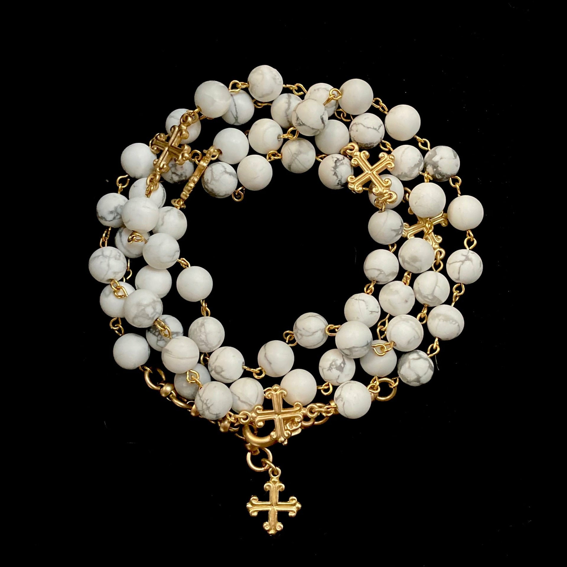 Fleur de Lis Cross Wrap White Turquoise & Gold Necklace / Bracelet