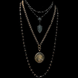 Black Madonna Seven Swords Necklace in Black Jet Cathedral Beads