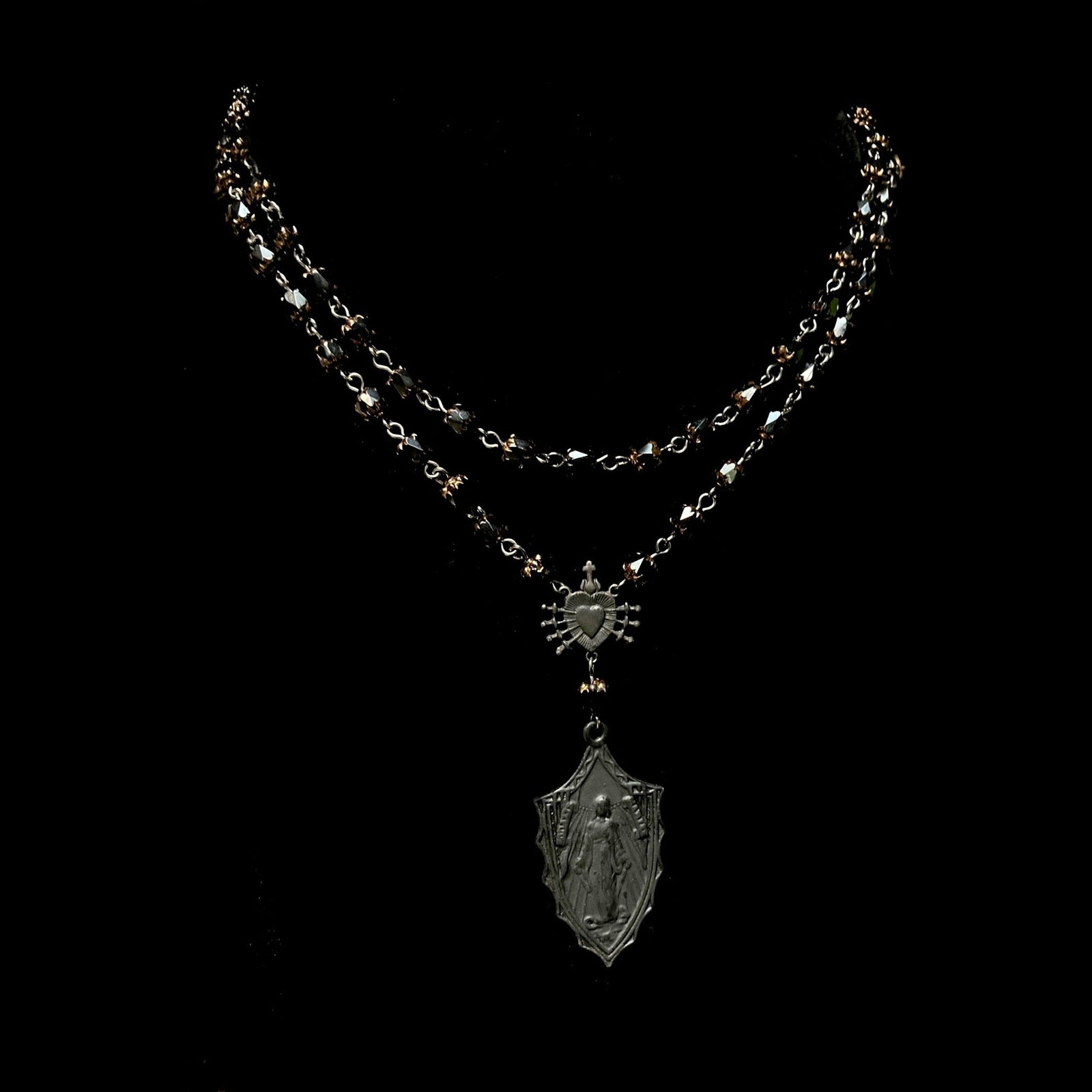 Montserrat Black Madonna Seven Swords Necklace in Black Jet Cathedral Beads