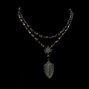 Black Madonna Seven Swords Necklace in Black Jet Cathedral Beads