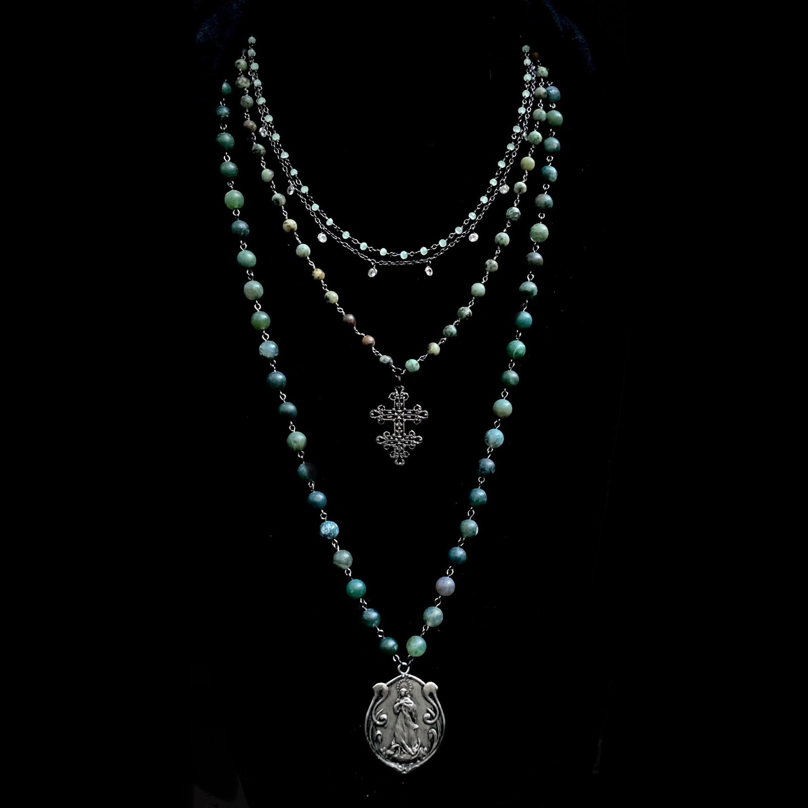 Moss Fusion Lacey Lorraine Cross with Madonna Necklace by Whispering Goddess