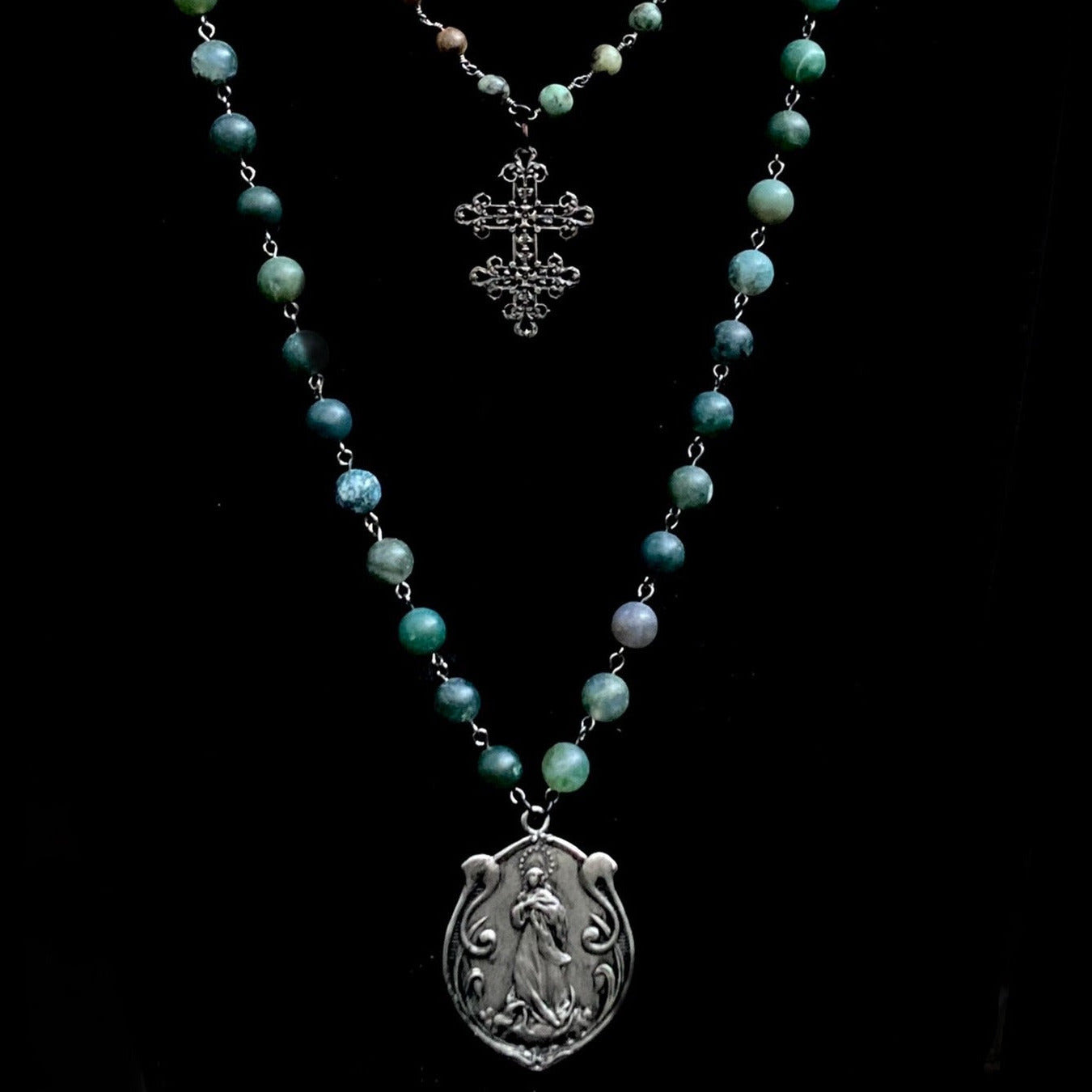 Moss Fusion Lacey Lorraine Cross with Madonna Necklace by Whispering Goddess