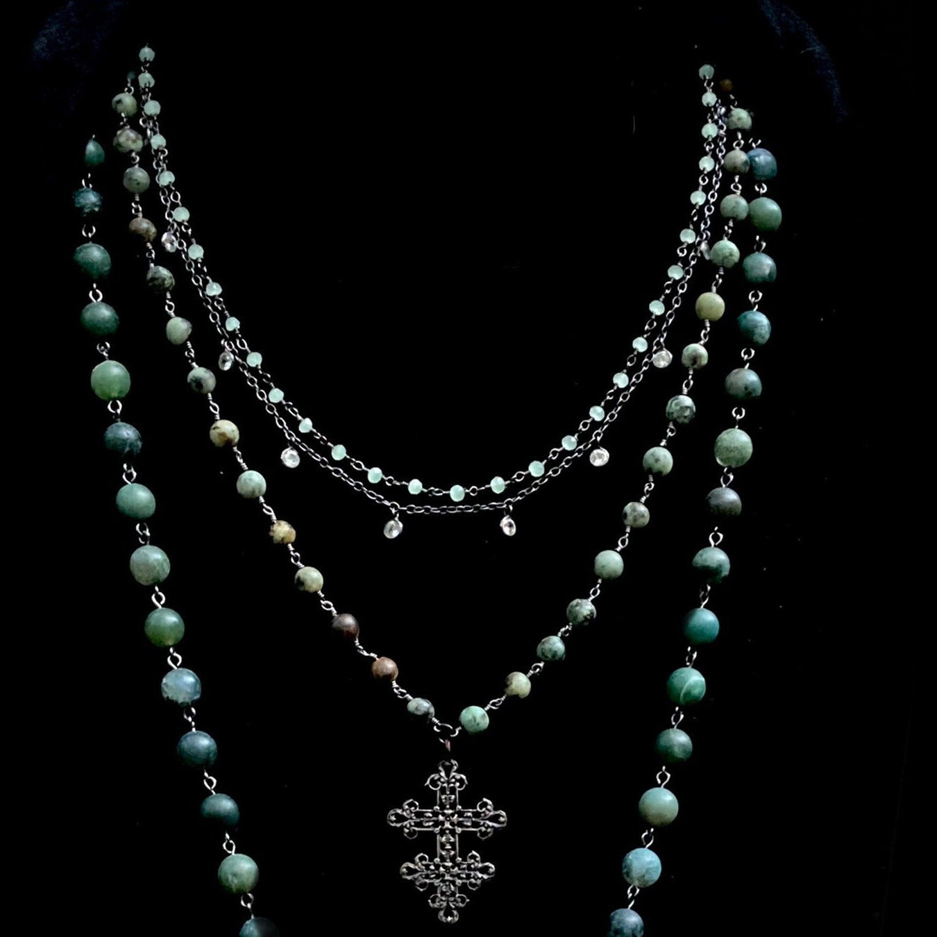 Moss Fusion Lacey Lorraine Cross with Madonna Necklace by Whispering Goddess