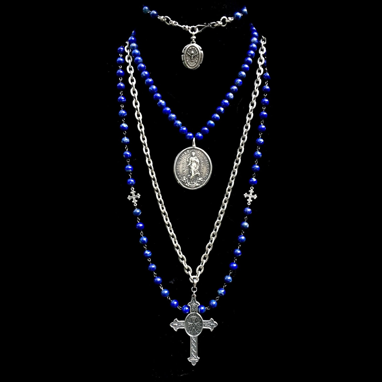 Fleur de Lis Cross Wrap Lapis & Silver with Peace Dove Necklace / Bracelet