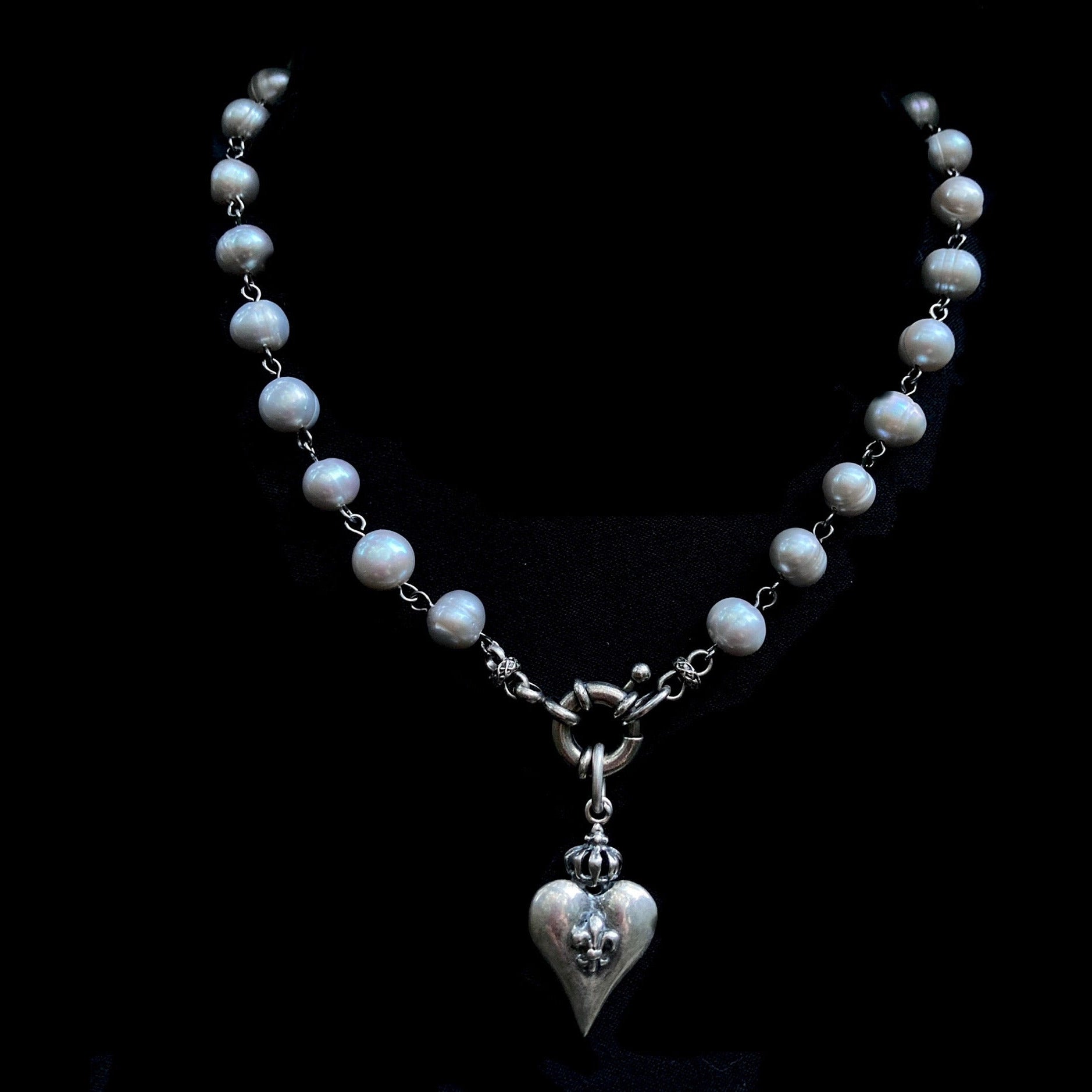 Moonglow  Silver Freshwater Pearl Sacred Heart Necklace - Silver