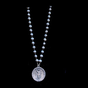 Moonglow Seat of  Wisdom with Theotokos and Saint Gabriel Silver Freshwater Pearl Necklace