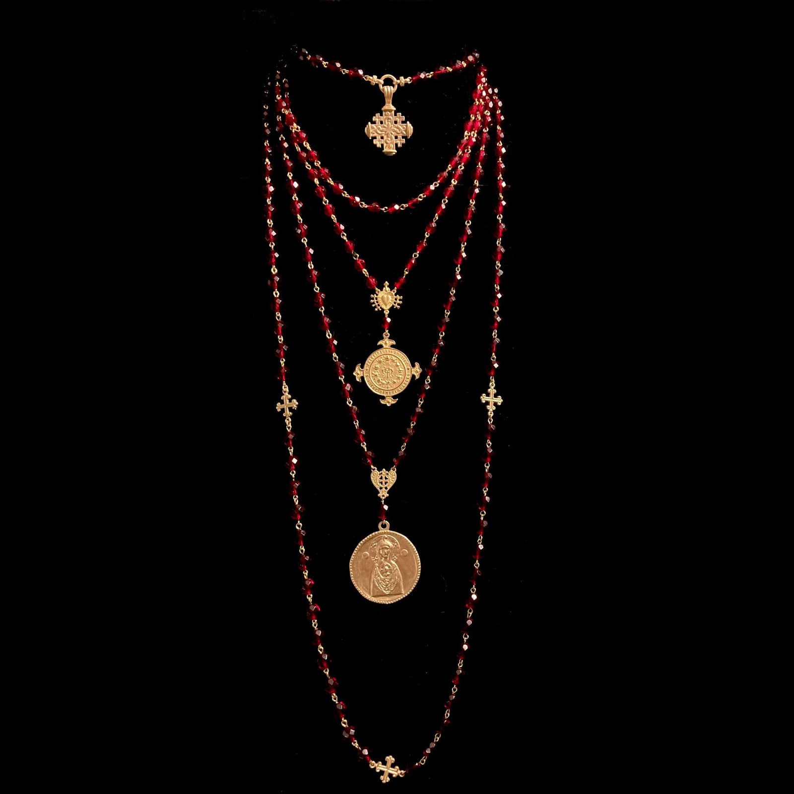 Faceted Garnet Pilgrim's Cross  Necklace - Gold