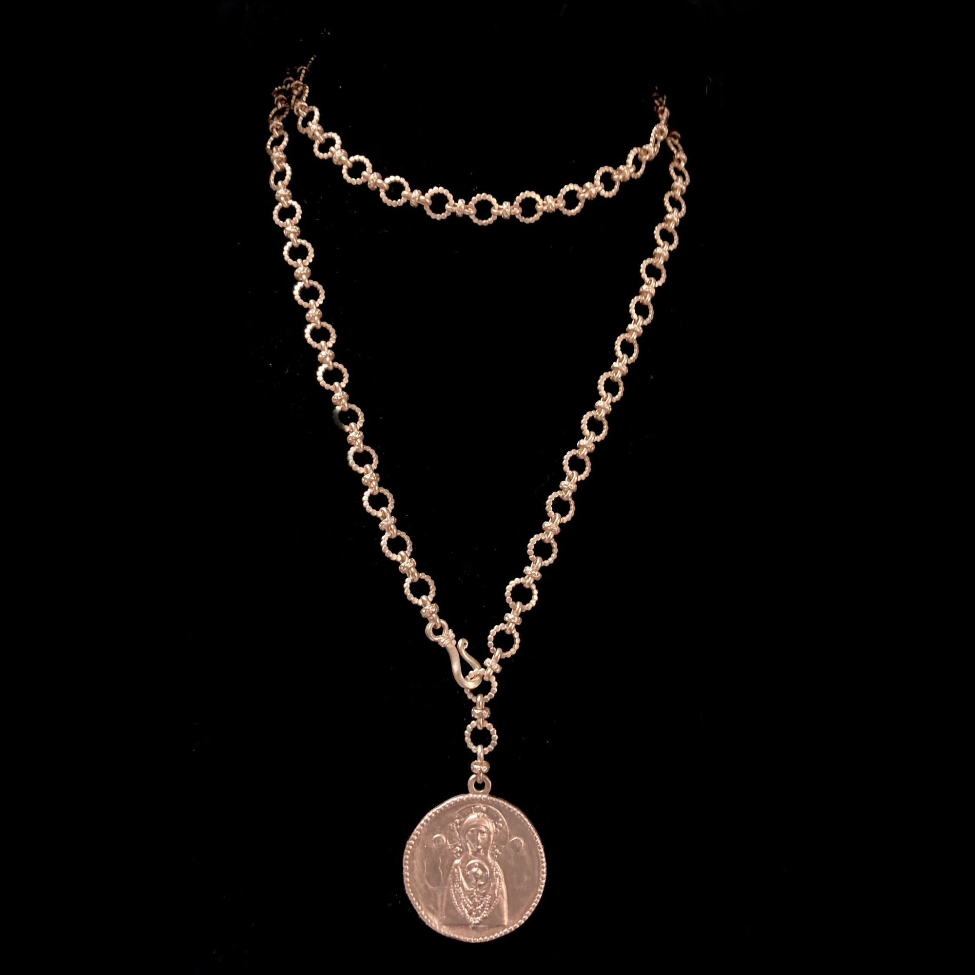 Archangel Gabriel and Theotokos  Eternity Link Chain Necklace Matte Gold