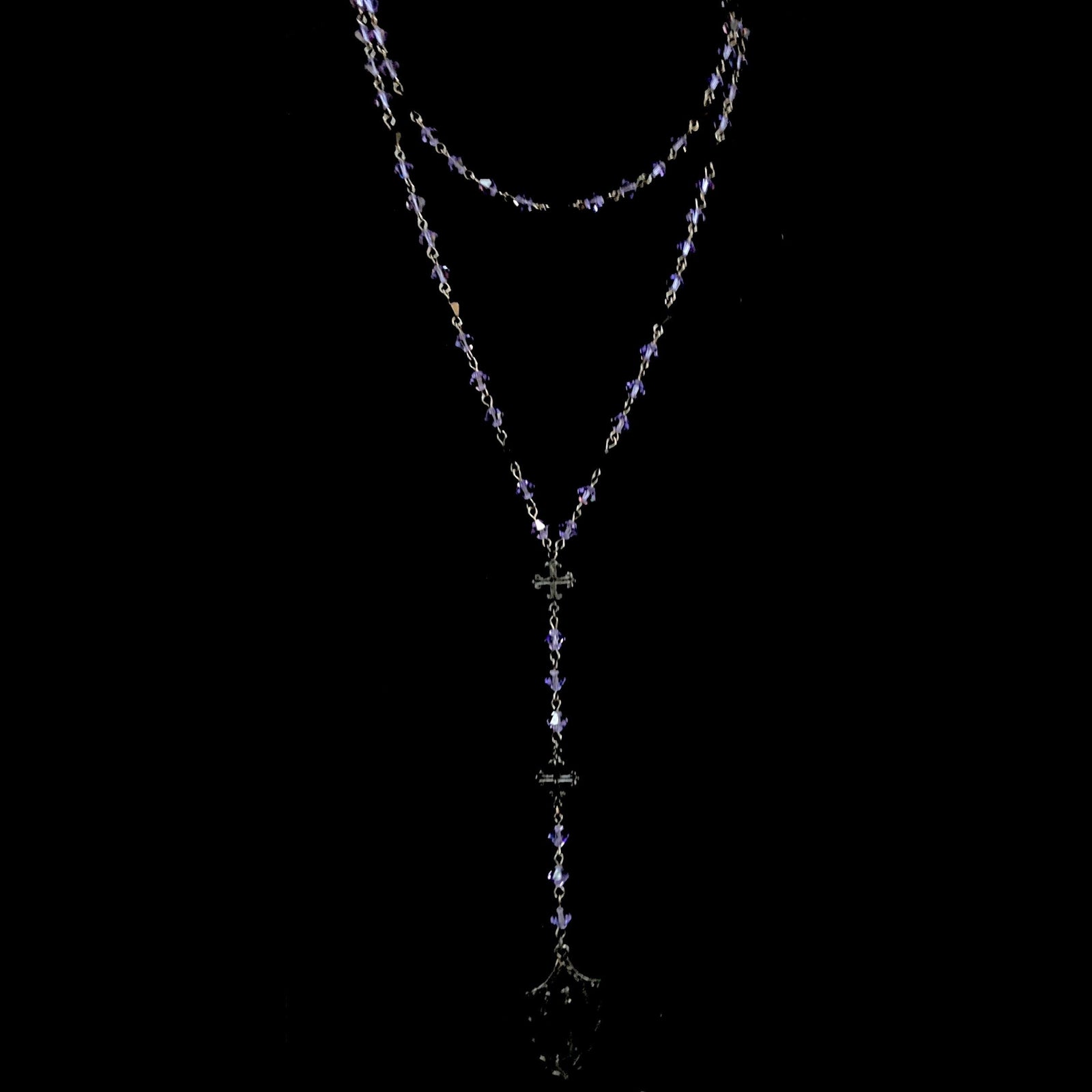 Black Madonna Triple Cross Drop Necklace in Amethyst Bicone Crystals and Gunmetal
