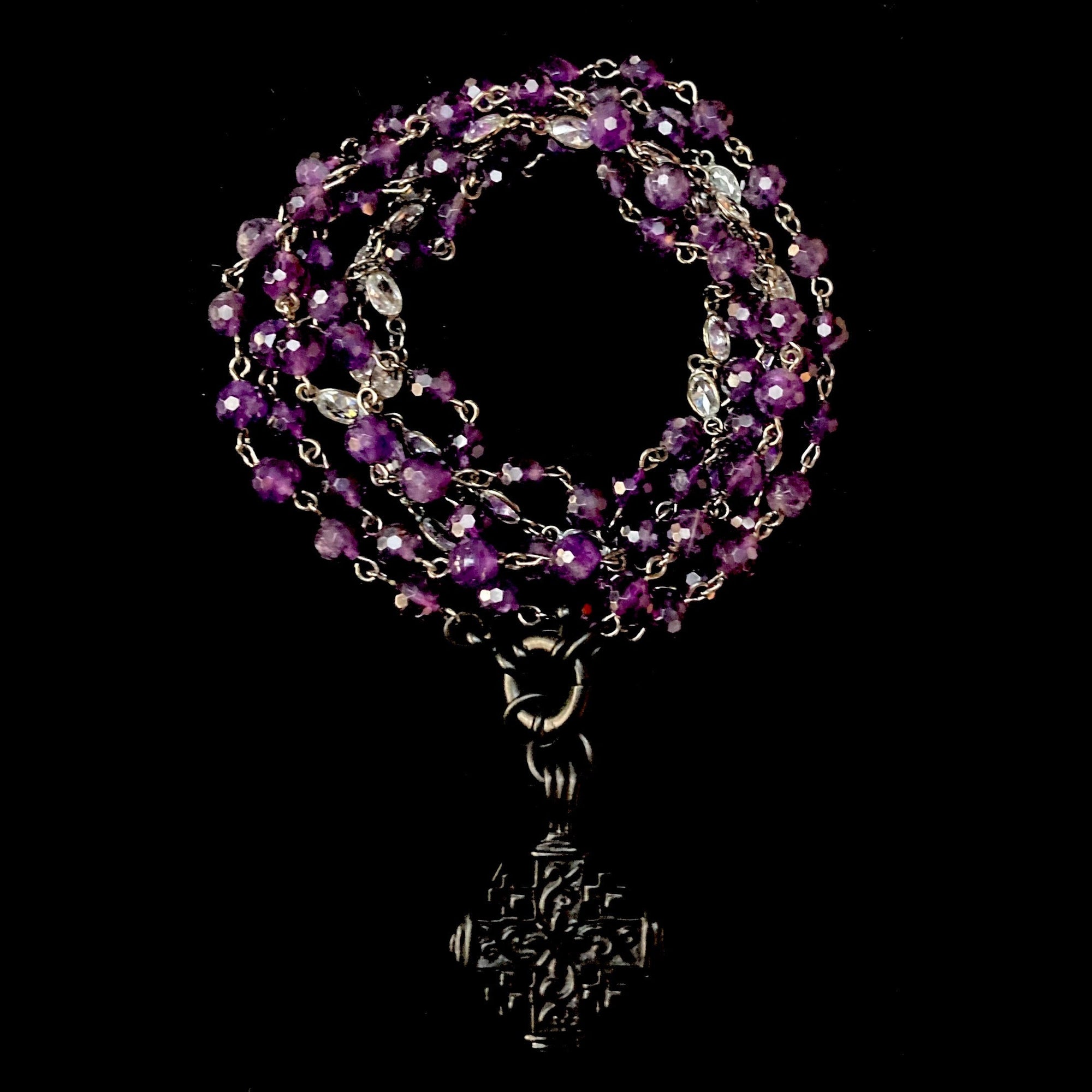 Pilgrims Cross Amethyst Enameled  Ritual Necklace /  Wrap Bracelet  by Whispering Goddess